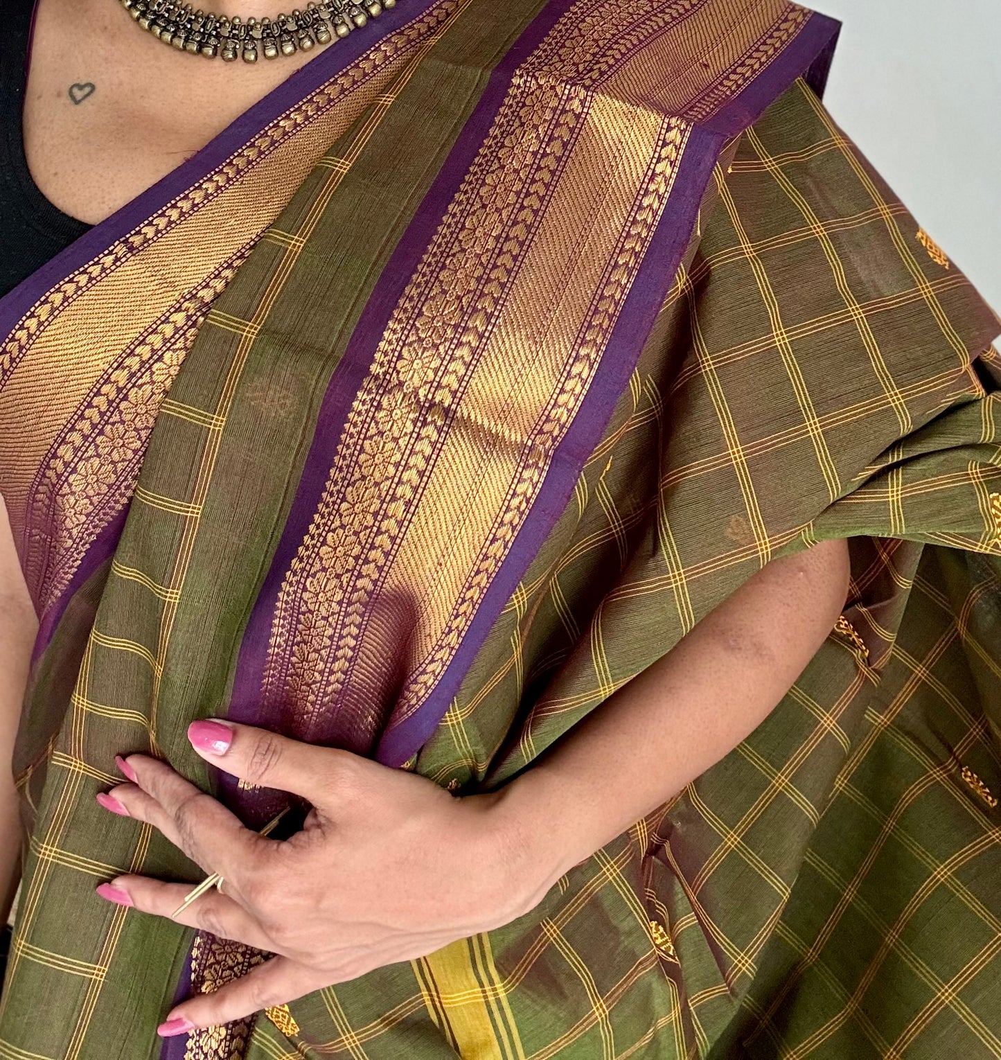 Dark green and purple contrast, checkered Chettinad cotton saree - YCCOTNMA265