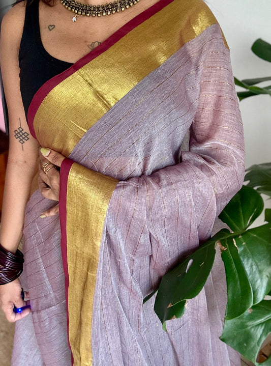 Grey mul cotton saree with zari stripes and maroon highlighted border - YCBCMCSE35