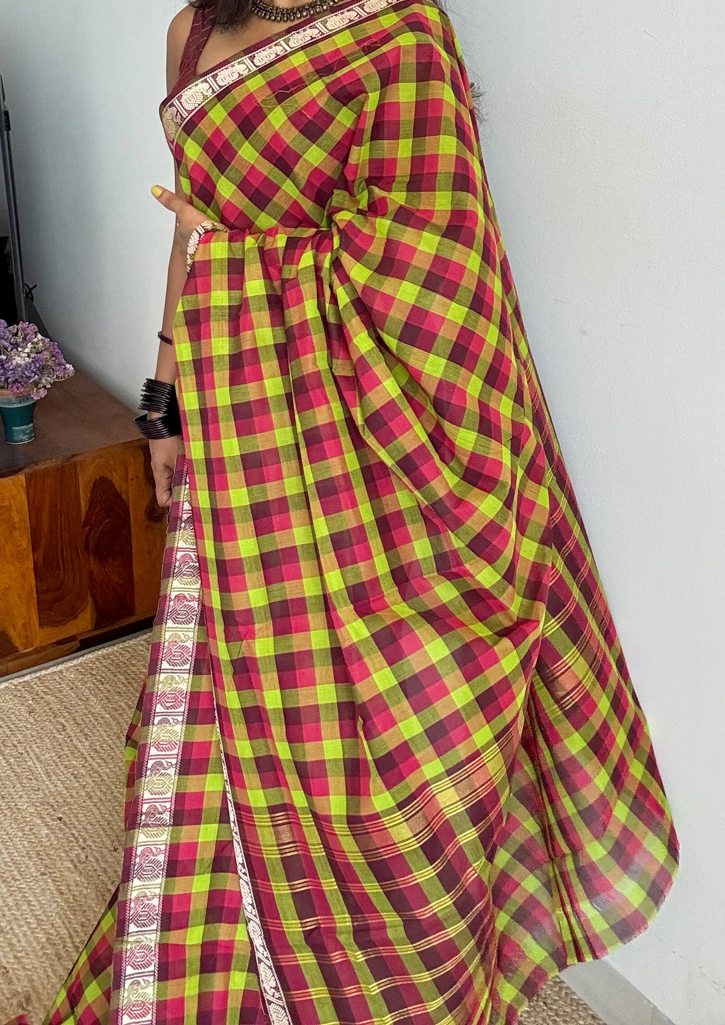 Multicolour Chettinad cotton caree with Paalum Pazhamum checks (Light Green, Green, Maroon & Dark Pink)- YCCOTNCCFE149