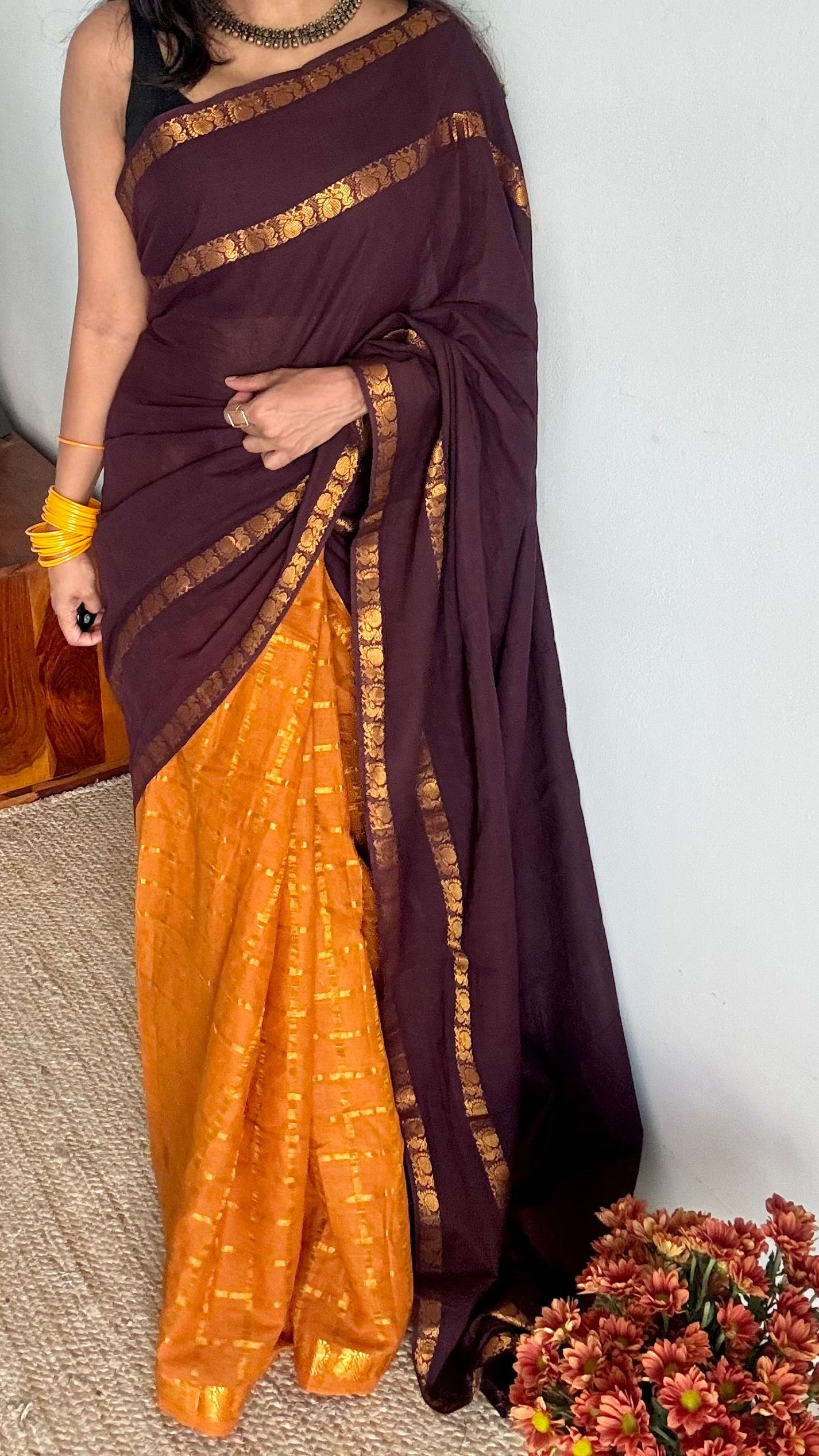 Samanthi (சாமந்தி) : brown with yellow, sungudi cotton - YCENOID03