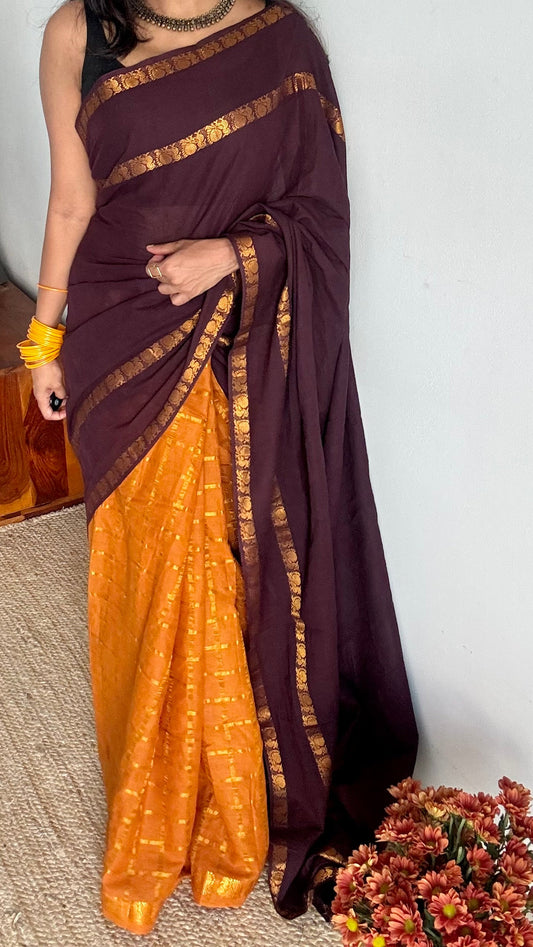 Samanthi (சாமந்தி) : brown with yellow, sungudi cotton - YCENOID03