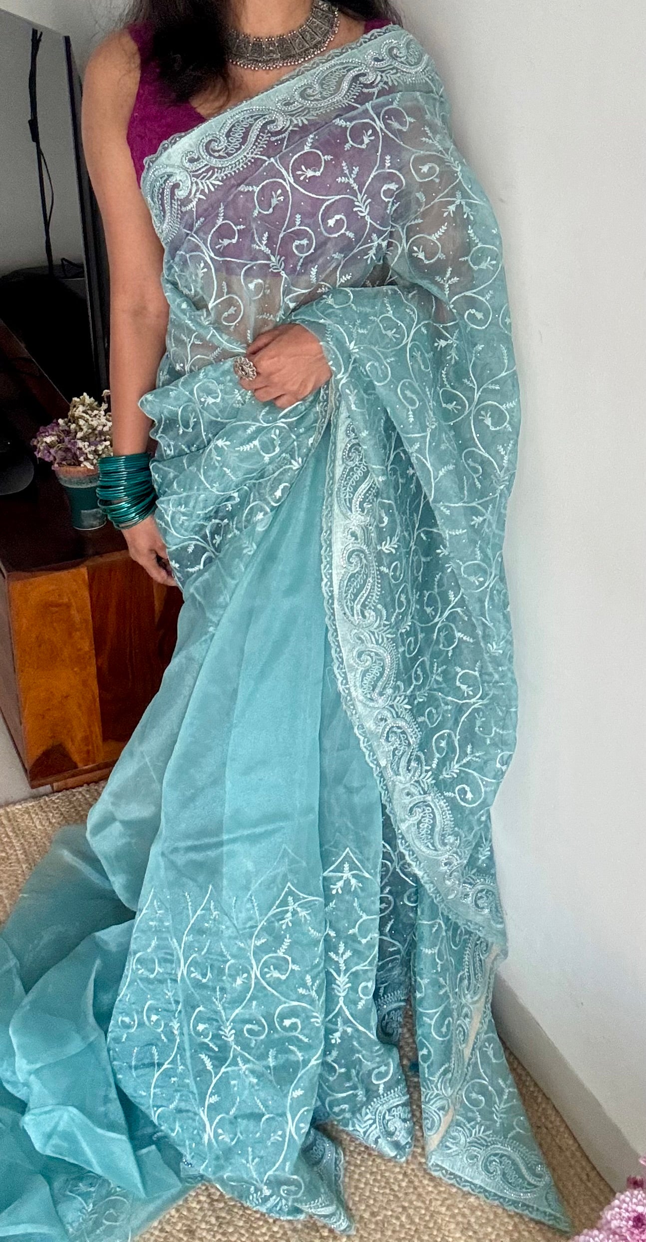 Aqua Aura - soft blue organza, with threadwork and sequins - YCDOSNO33