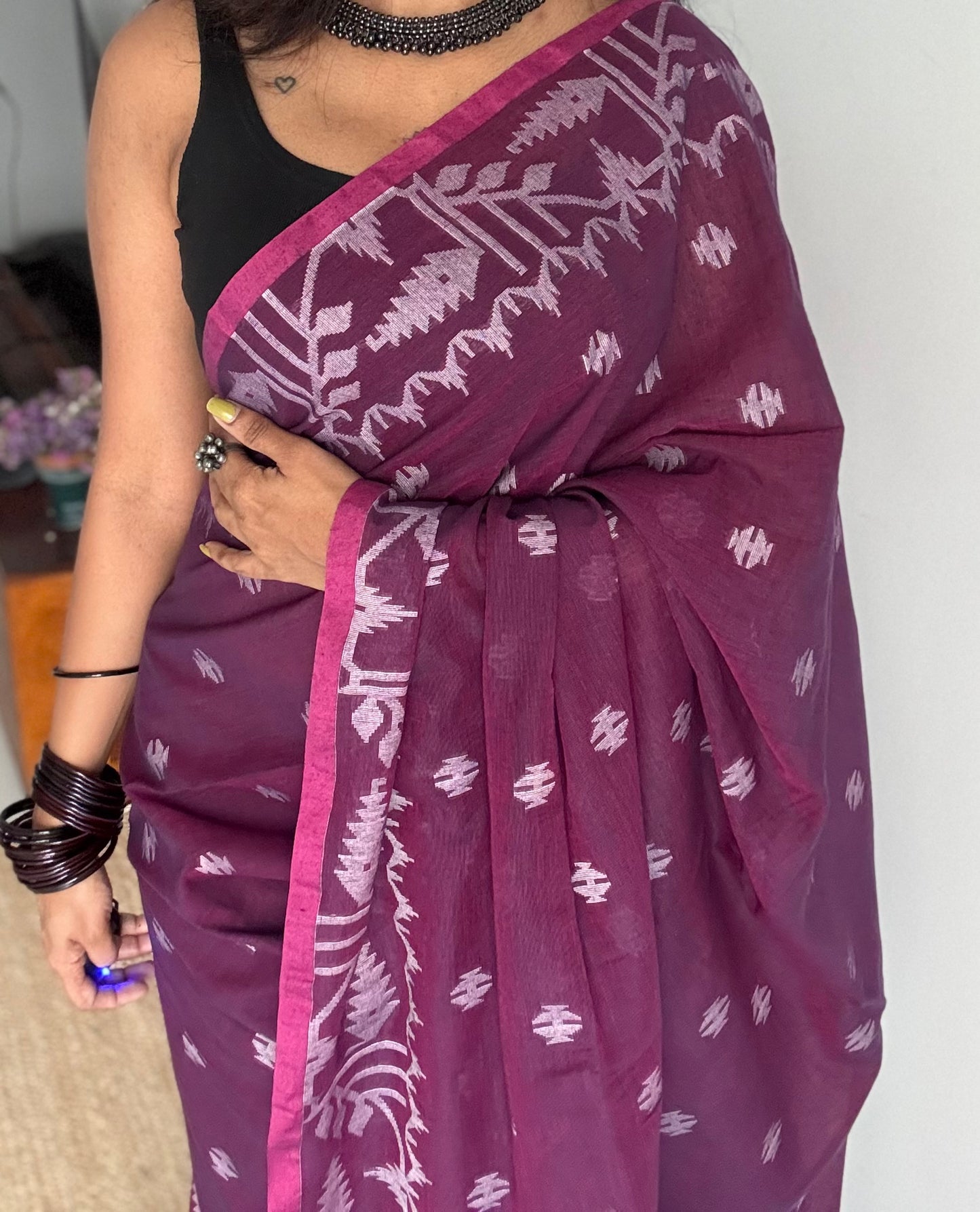 Purple double tone jamdani in soft cotton - YCBCKJJA138