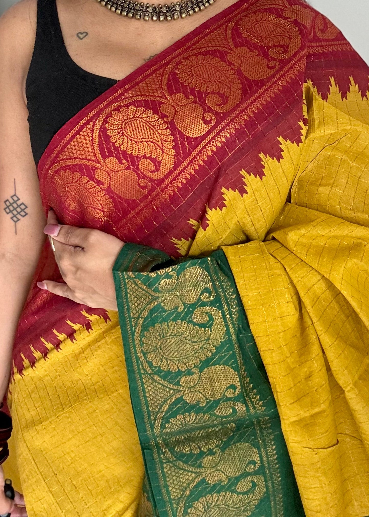 Sungudi cotton checks, mustard yellow base, maroon and dark green dual tone border, soft cotton - YCCOTNMSJUL11