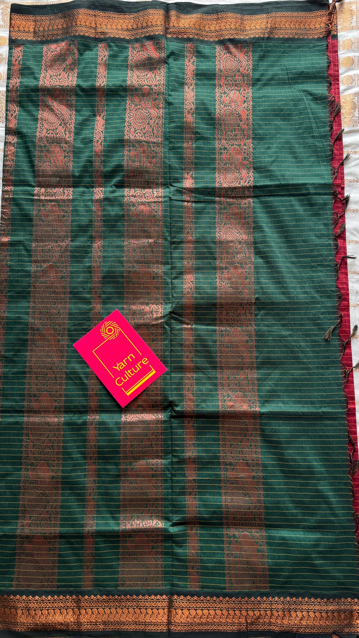 Dark red with green, zari checkered saree, cotton silk - YCCOTNKCOC100
