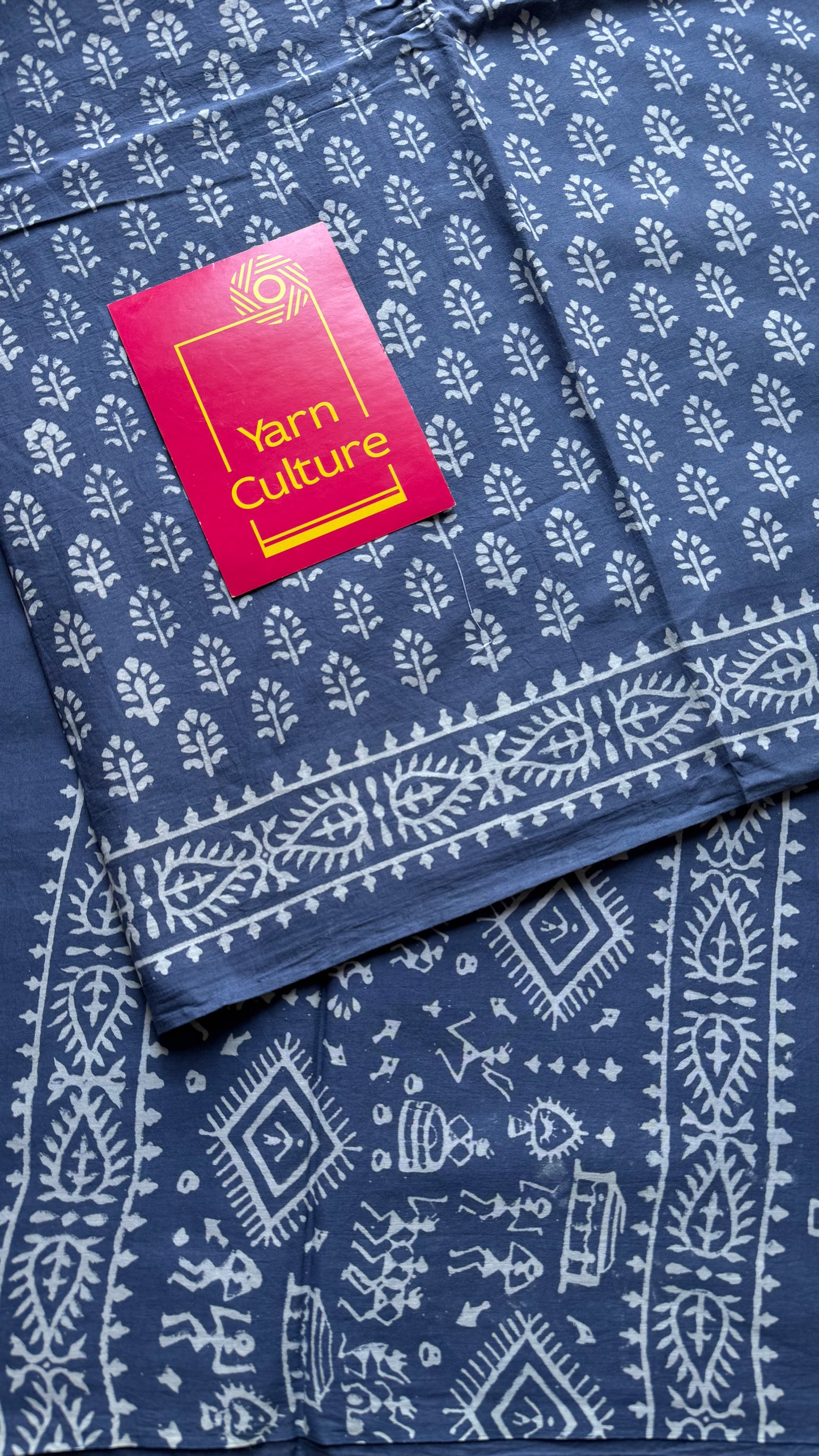 Greyish blue with off white floral block printed soft cotton saree - YCTORCMA21