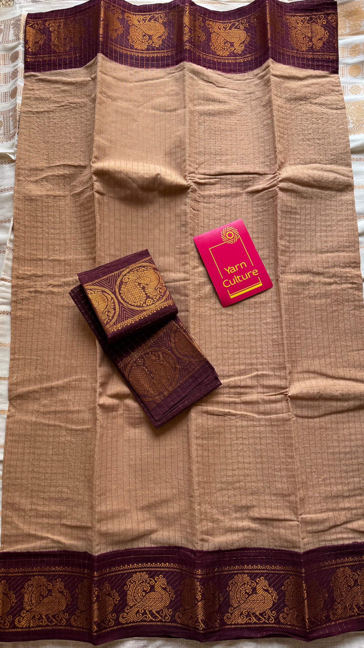 Dark beige with maroon contrast zari checkered sungudi, kattuchayam dyed madurai cotton - YCCOTNMSAP162