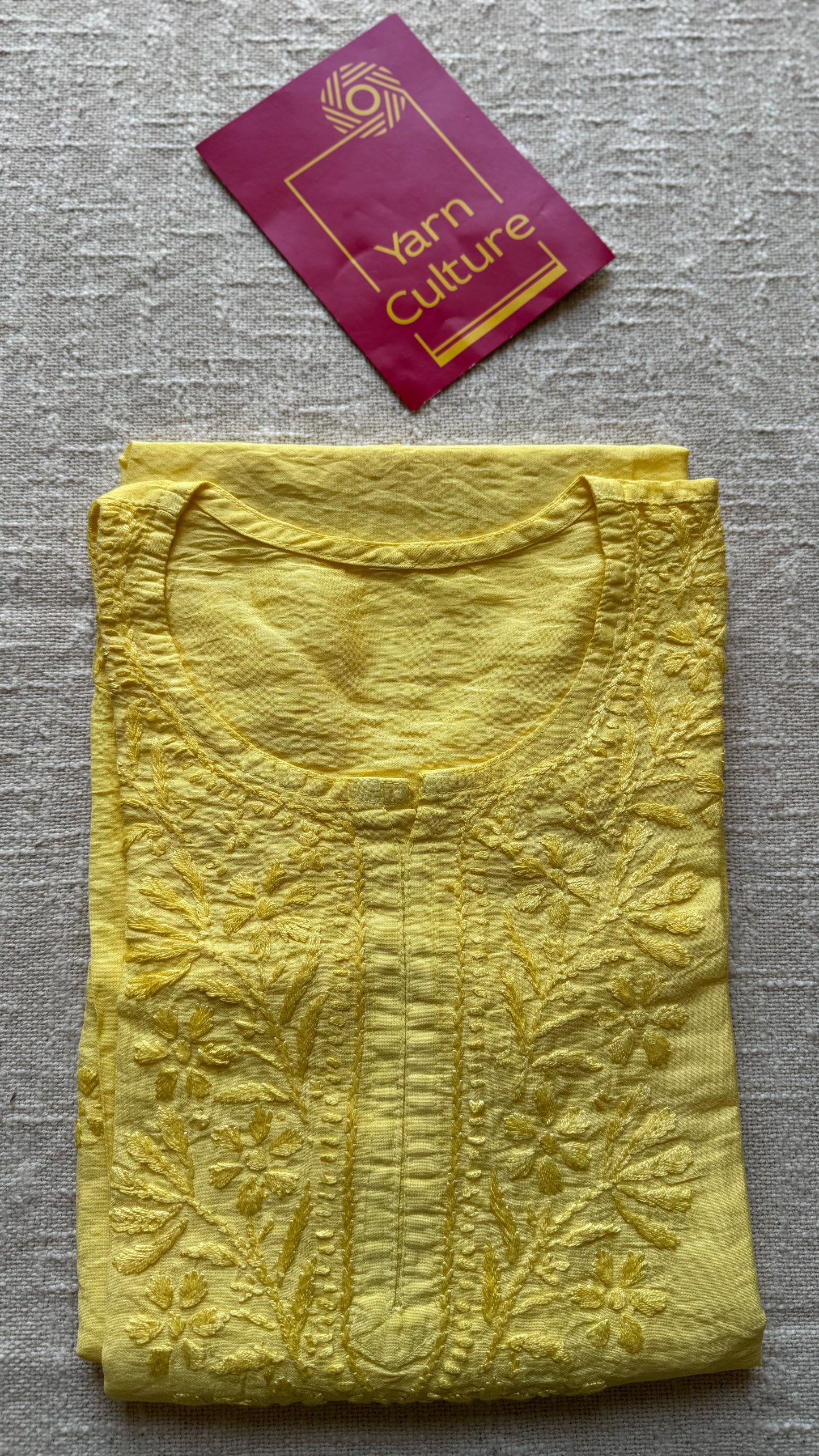 Light yellow chanderi chikankari with ghas patti work, stitched kurta, round neck, three fourth sleeves - YCSECK05