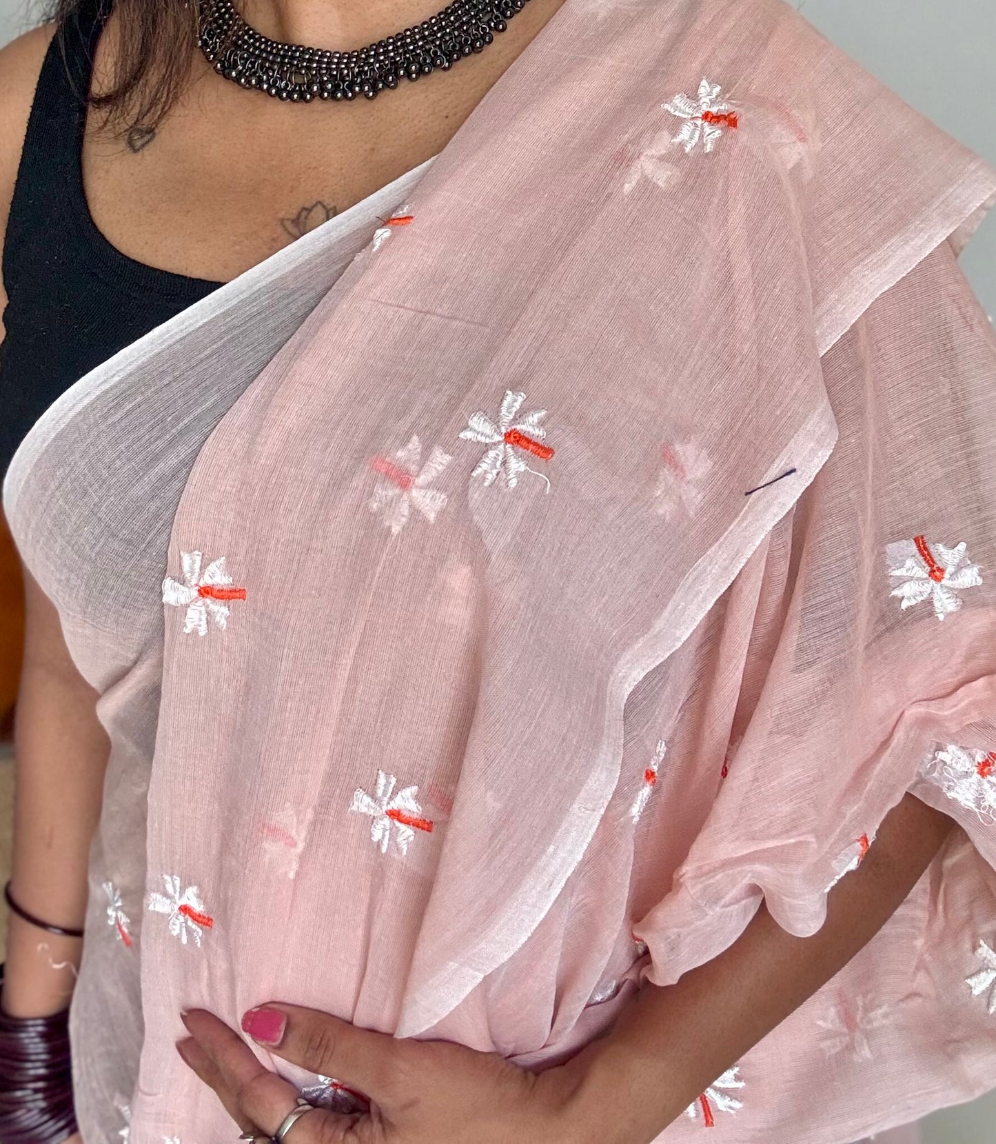 Pastel peach parijat mul cotton saree  - YCBCMCAP31