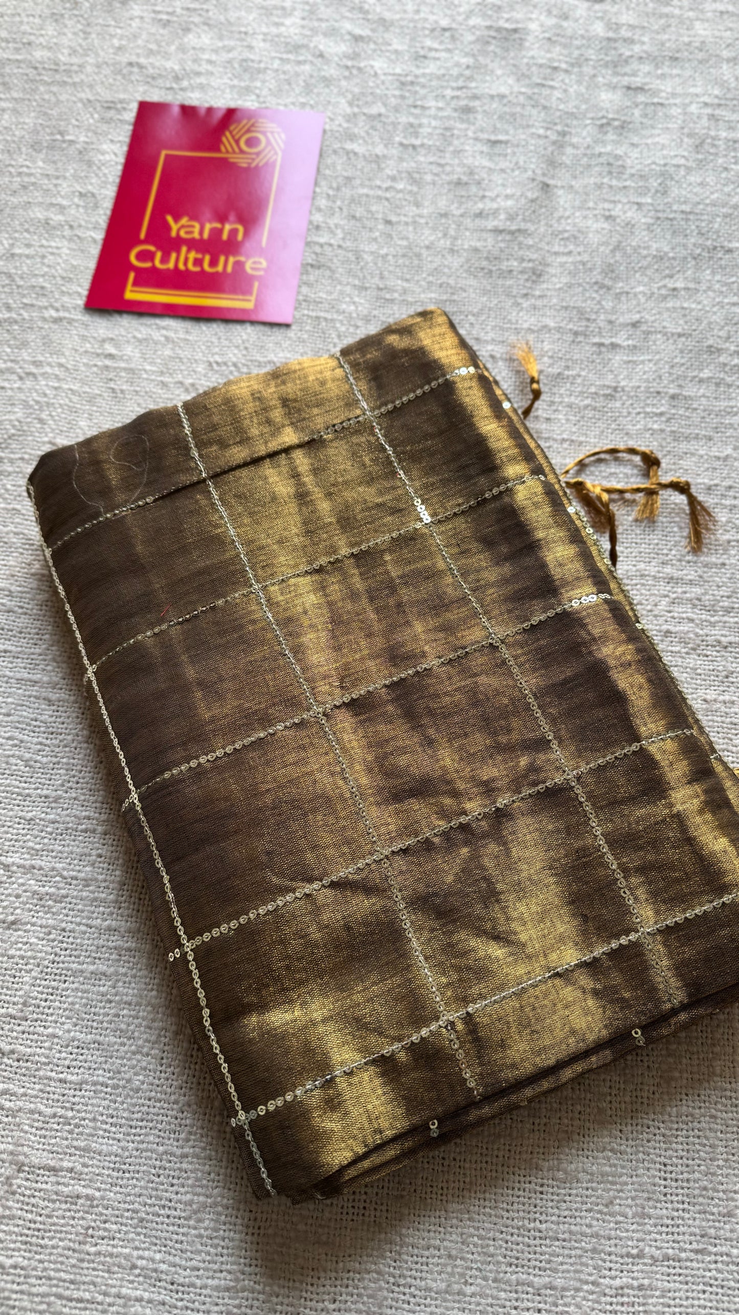 Bronze with maroon border, checkered sequins work, mul tissue - YCBCMCJA12