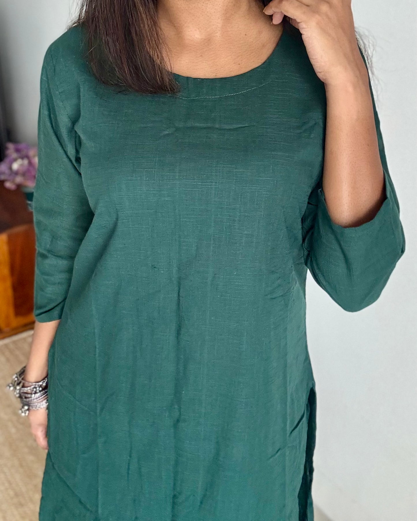 Dark green cotton round-neck stitched kurta co-ord set, three-fourth sleeves - YCSEBPSFE248
