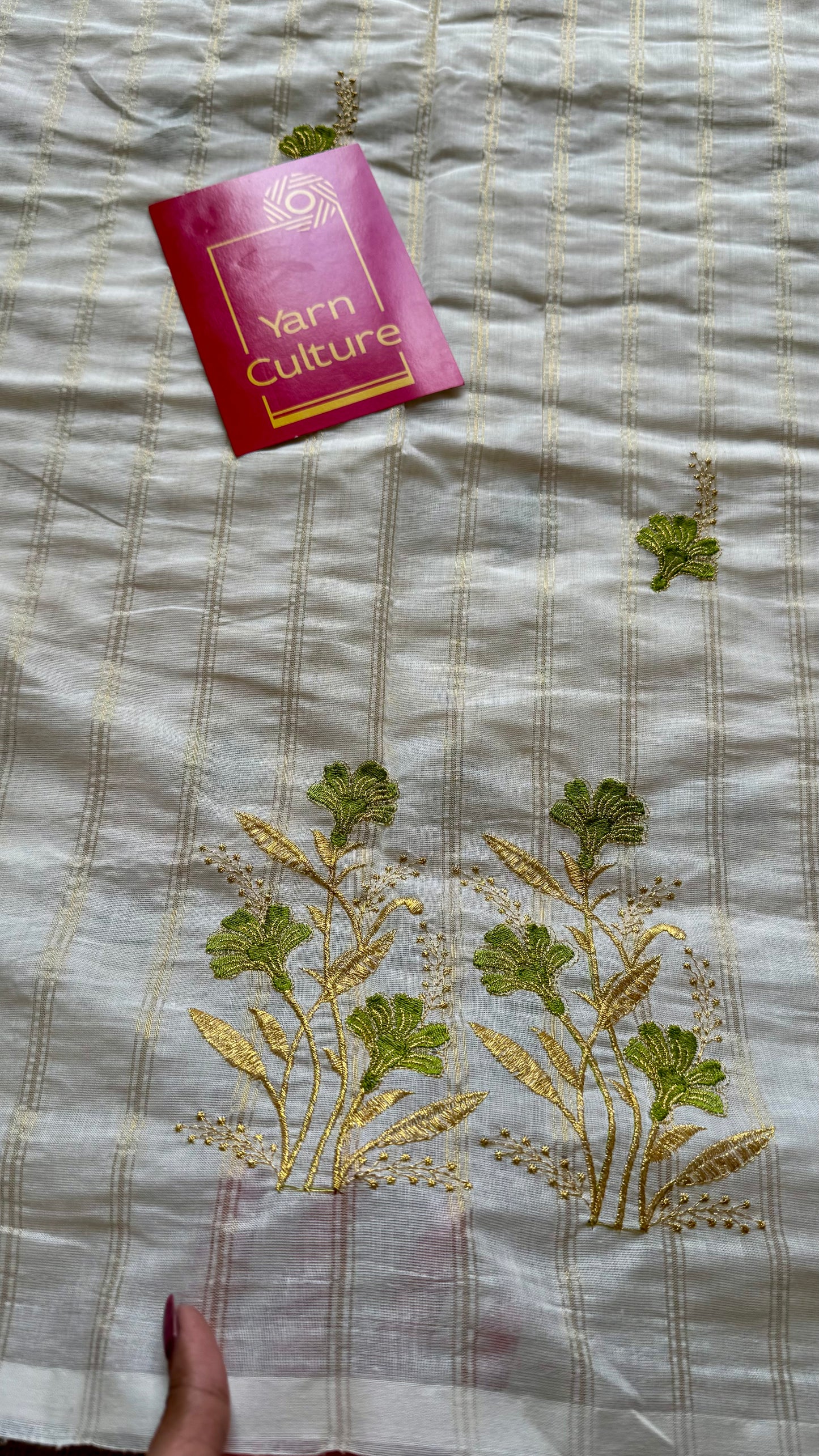 Ivory and gold soft cotton saree, light green floral embroidery  - YCIEON49