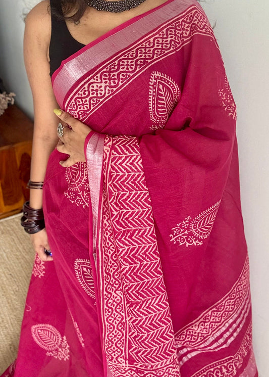 Cranberry red linen, white motif, silver zari border - YCTOROCBP60