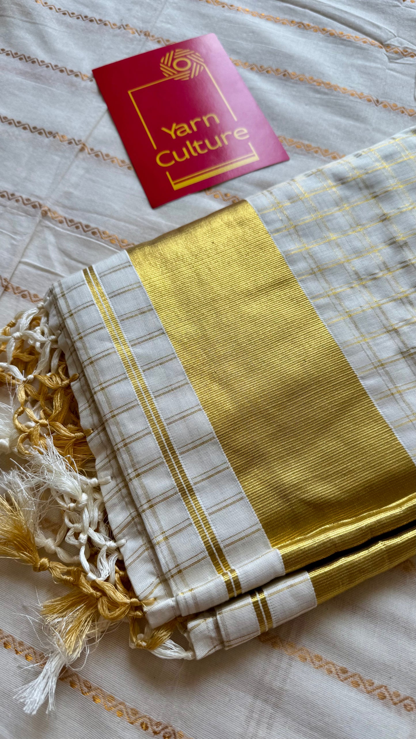 Ivory and gold kerala kasavu saree, checkered, temple border - YCIEON46