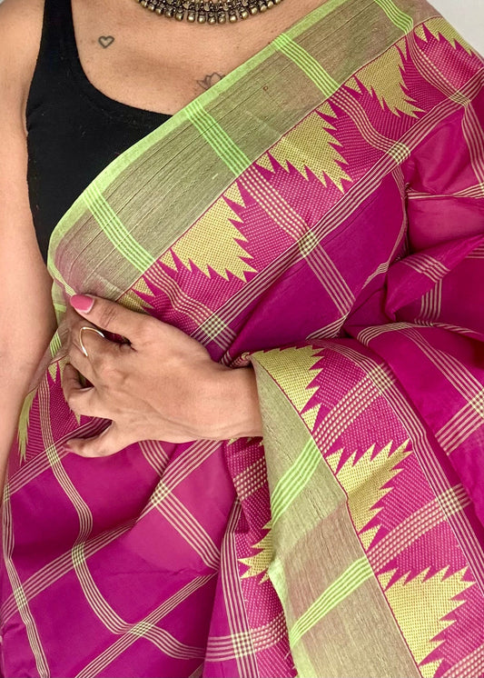 Chettinad cotton saree with magenta and lime green checks, temple motif border - YCCOTNAP69