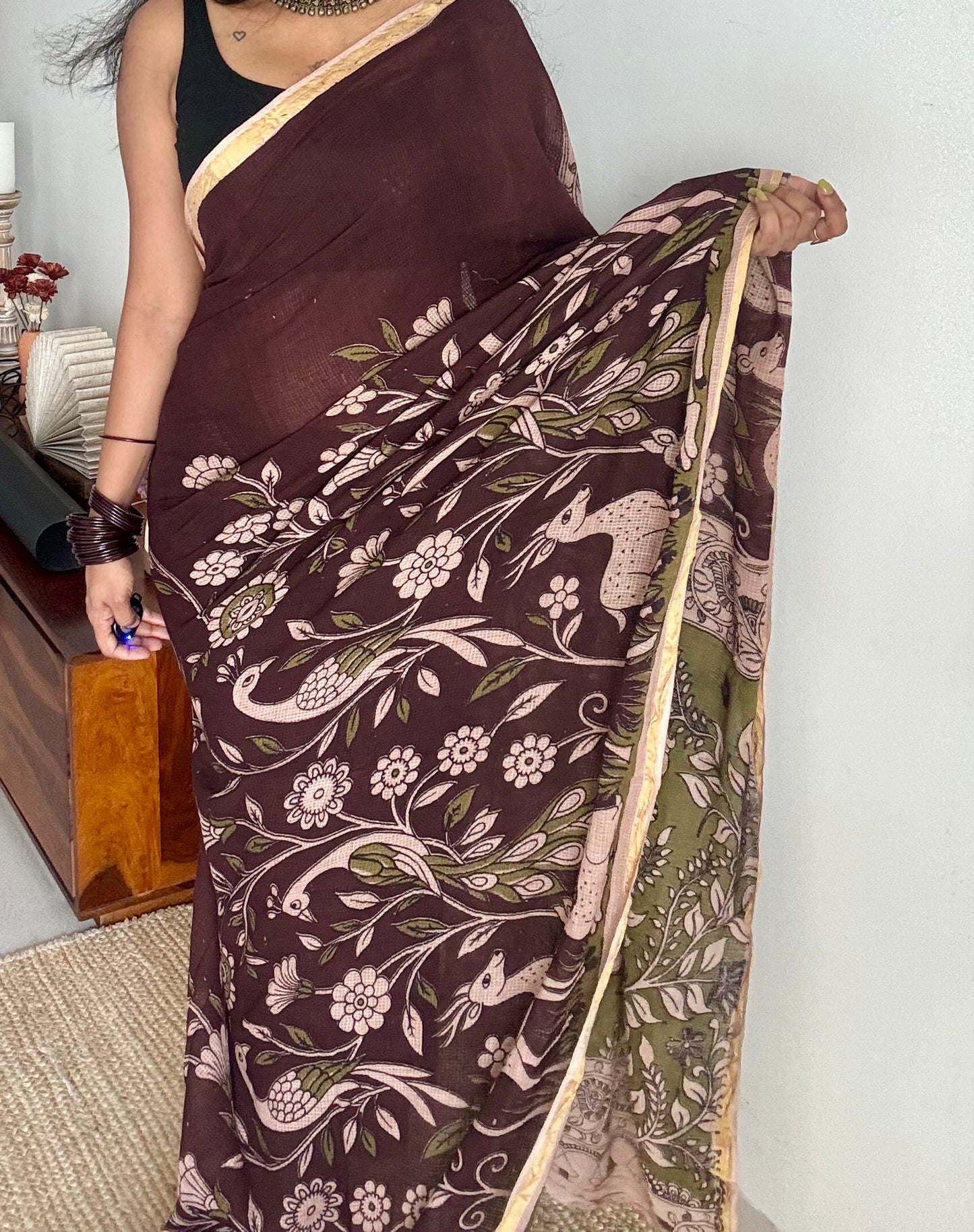 Purple brown floral kalamkari saree in kota - YCWOTDMA355