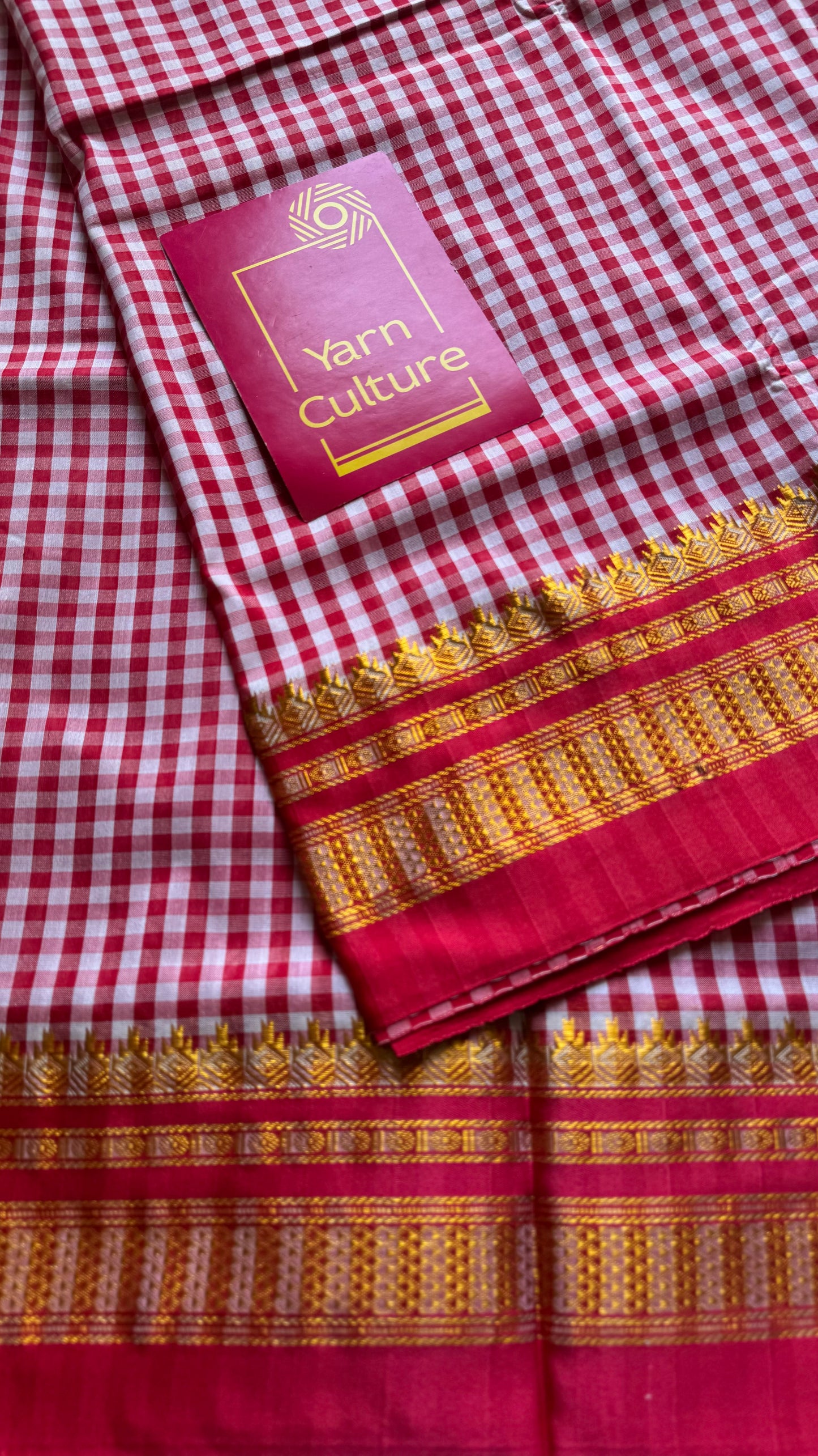 llkal red and white checks with chikki paras border, soft cotton with art silk blend - YCLOKICAP229