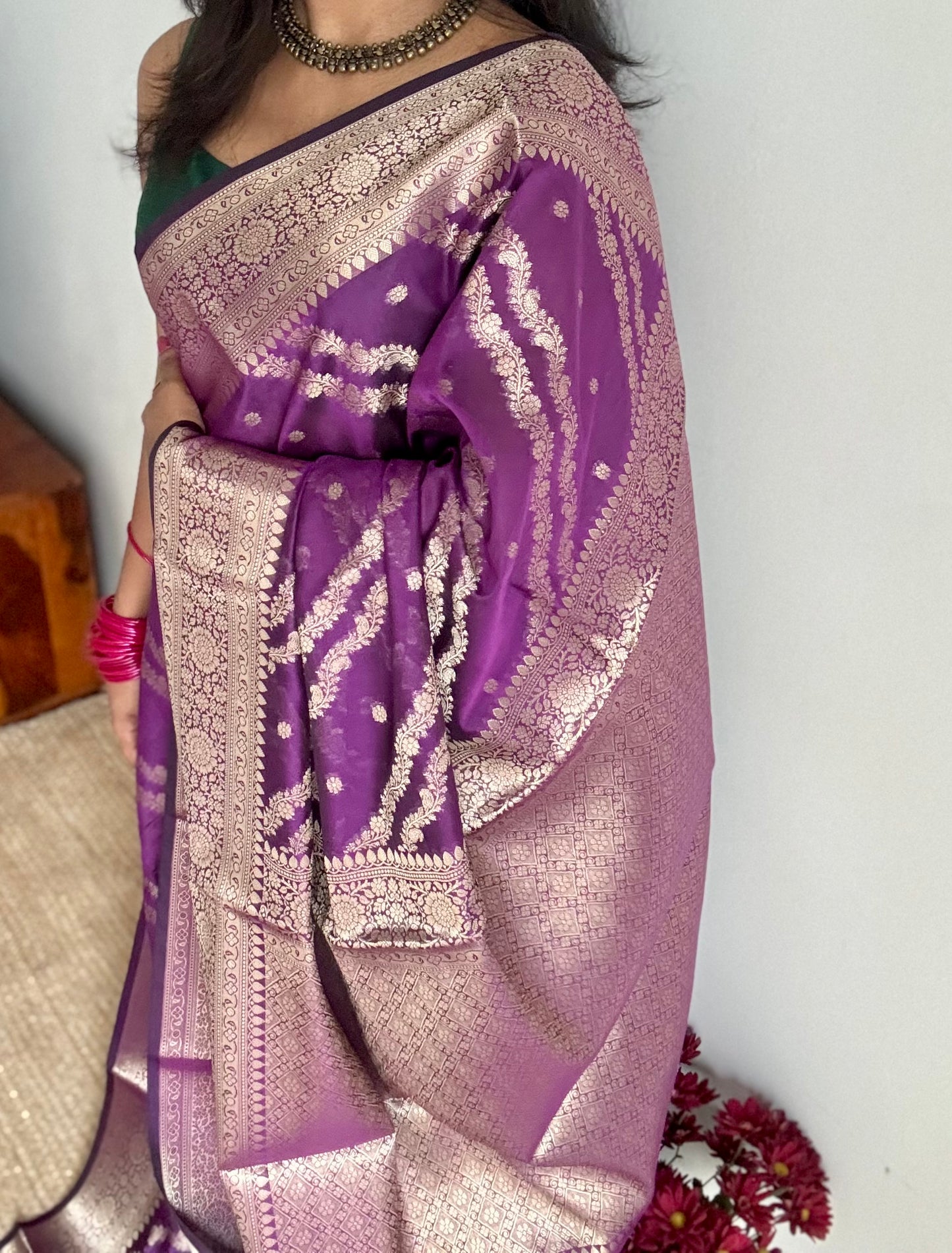 Purple floral zari, Banarasi semi-georgette - YCDESE15