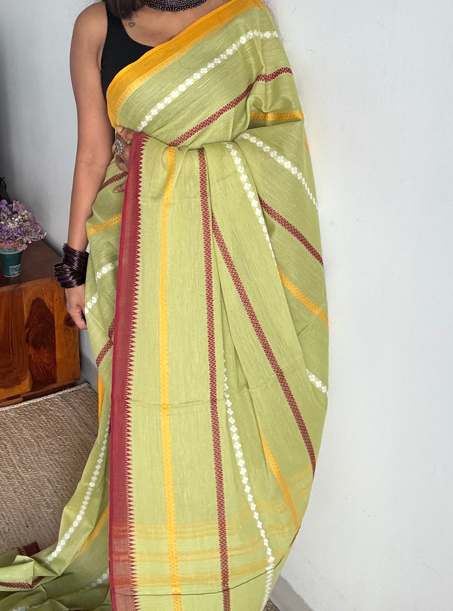Dhonekhali handloom soft cotton saree, light green with maroon, yellow and white woven stripes - YCBCDFE264