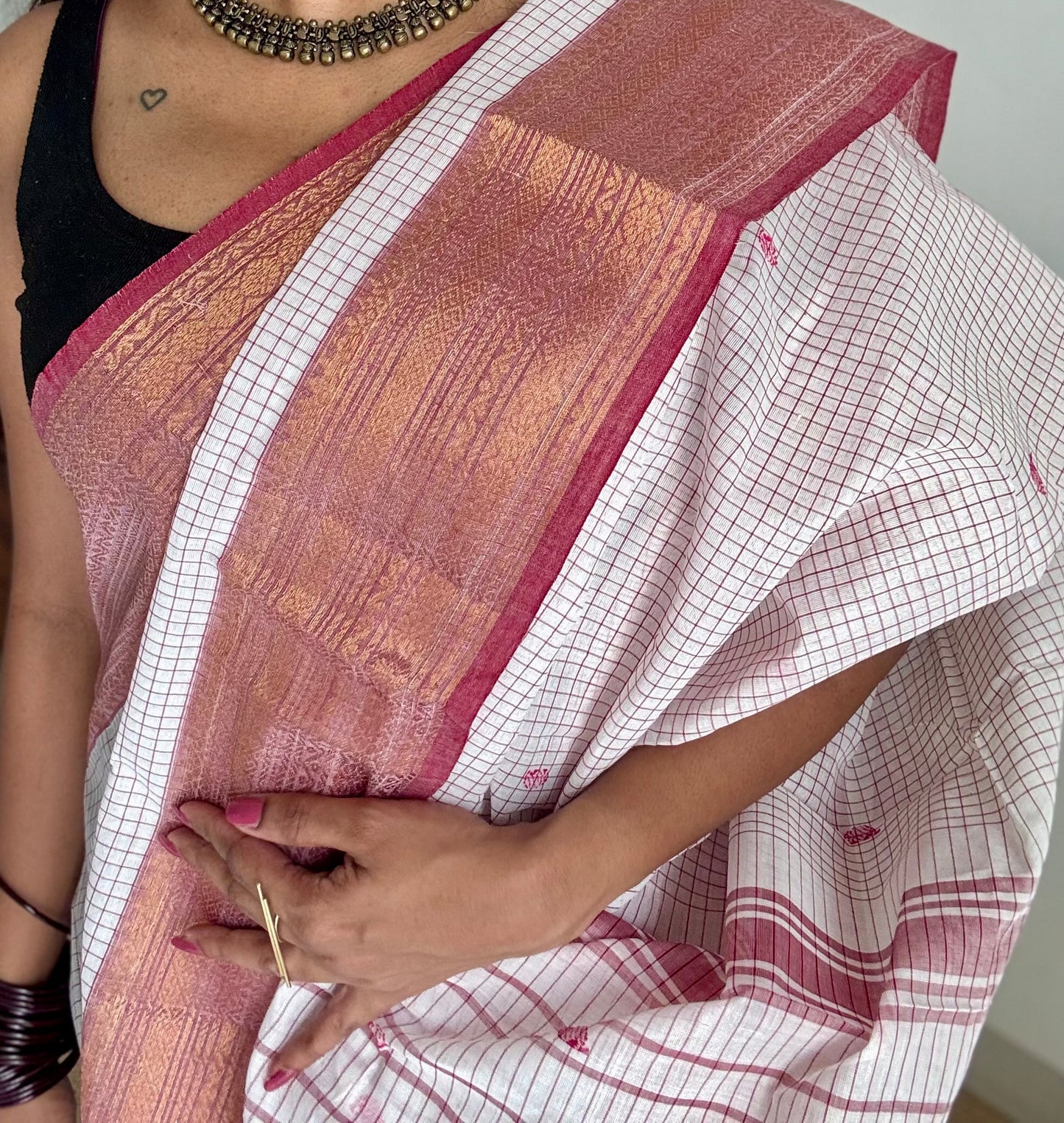 White and burnt red contrast, checkered Chettinad cotton saree - YCCOTNMA264