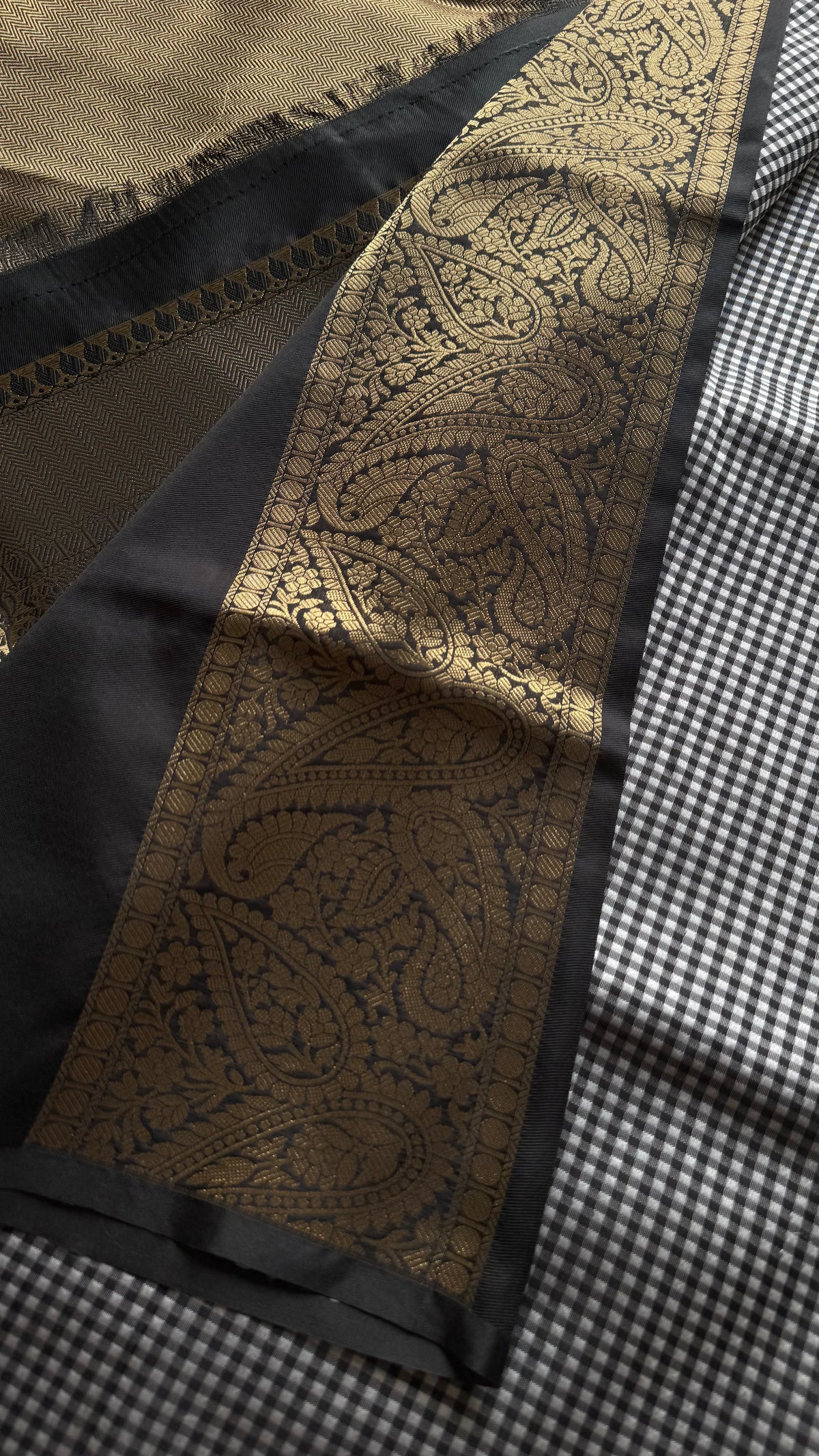 Black and white mini checks, Banarasi semi-katan silk saree with antique gold zari pallu - YCBLTOC93
