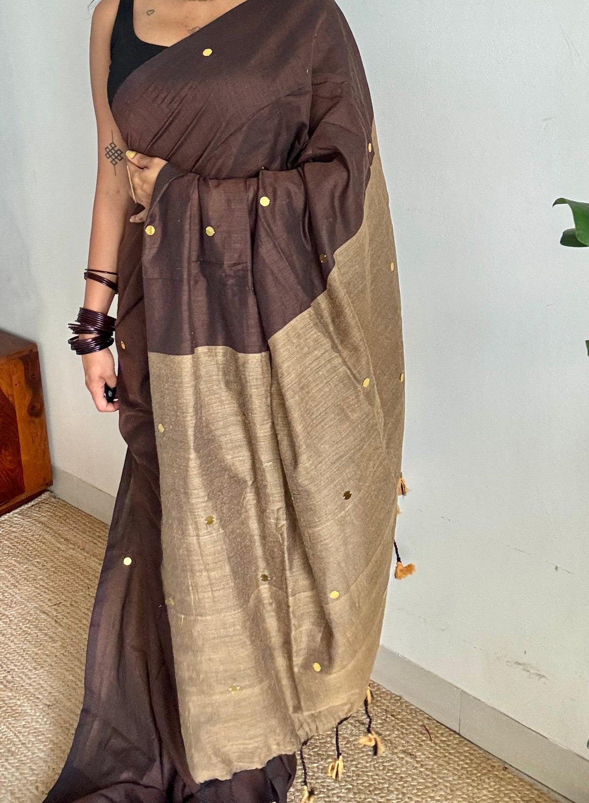 Brown with warm grey contrast pallu, gini sequins, soft cotton saree - YCBCSCOC09