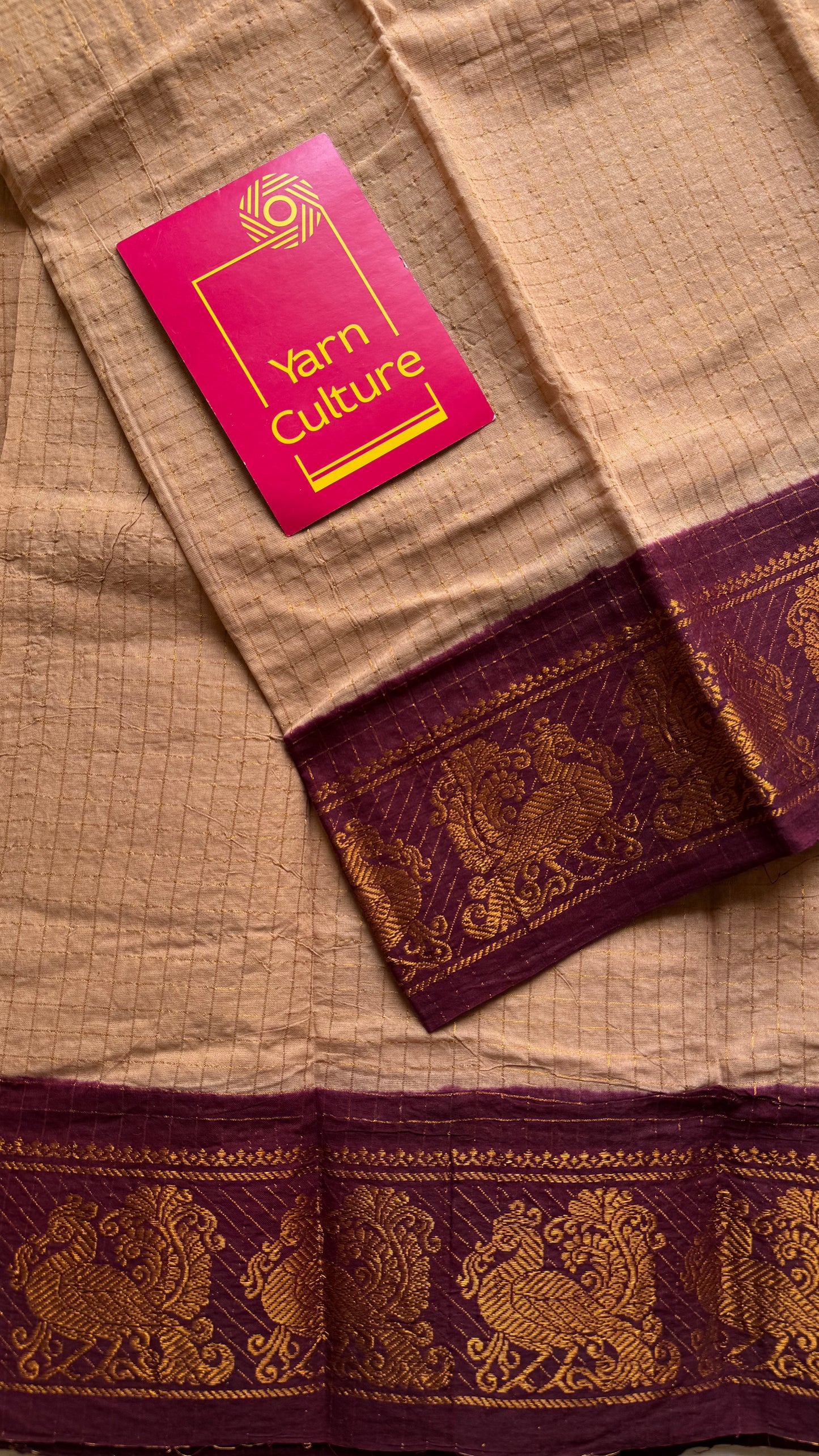 Dark beige with maroon contrast zari checkered sungudi, kattuchayam dyed madurai cotton - YCCOTNMSAP162