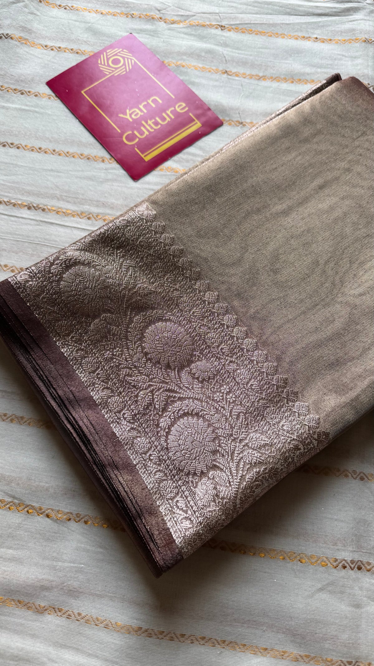 Champagne brown tissue Banarasi saree with zari border - YCBLTOC83
