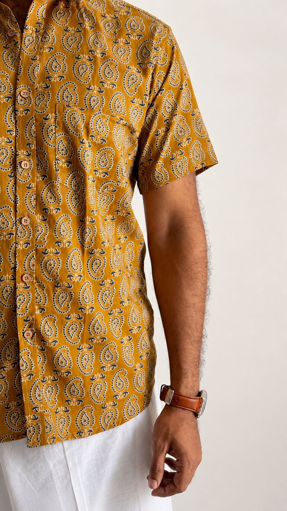 Rust Orange & Blue Motif Block Printed Cotton Men's Half Sleeve Mandarin Collar Kurta Shirt - YCMSEIE192
