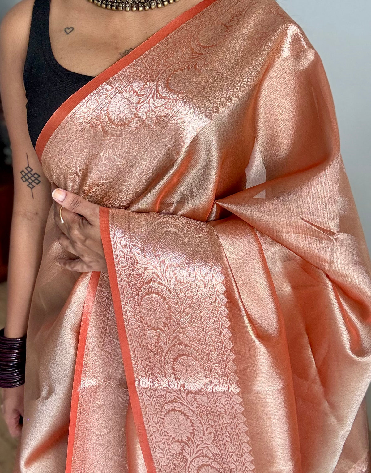 Orange tissue Banarasi saree with zari border - YCBLTOC87
