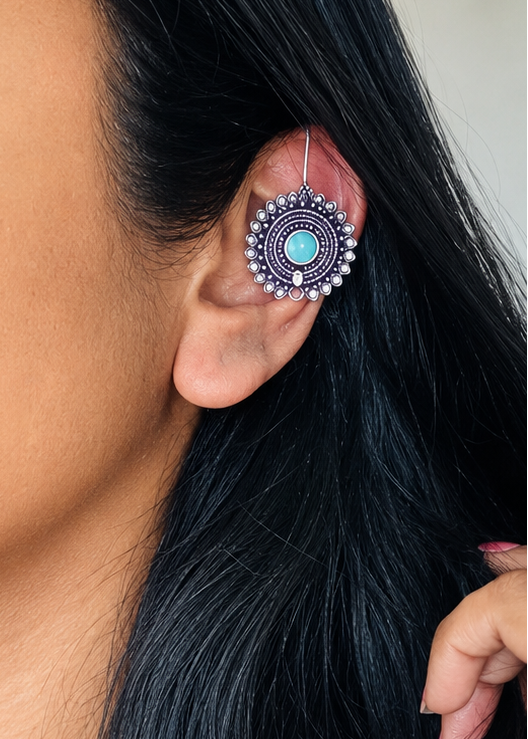 Bugadi clip-on (non pierced), mint stone, oxidised silver - YCOSBU718