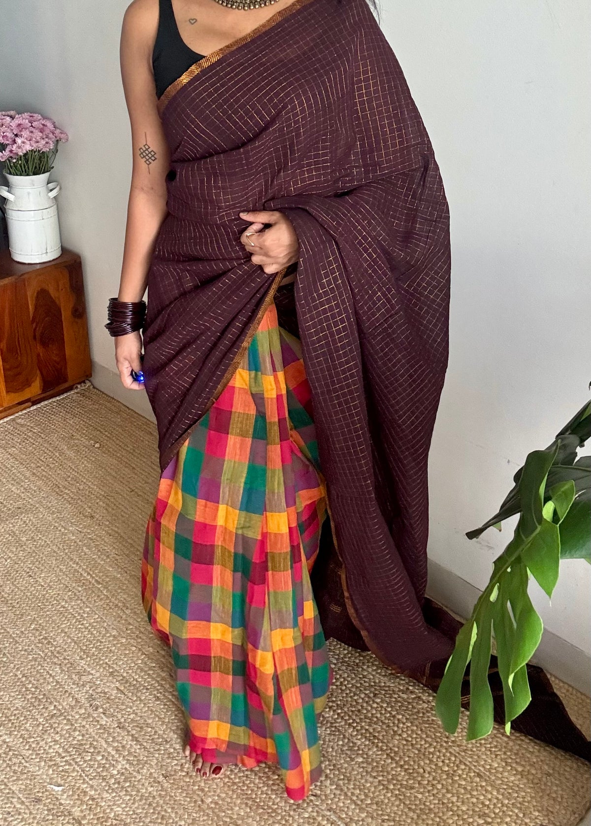 Dark brown mini checks with multicoloured madras checks, cotton half and half saree - YCCOTNIDOC165