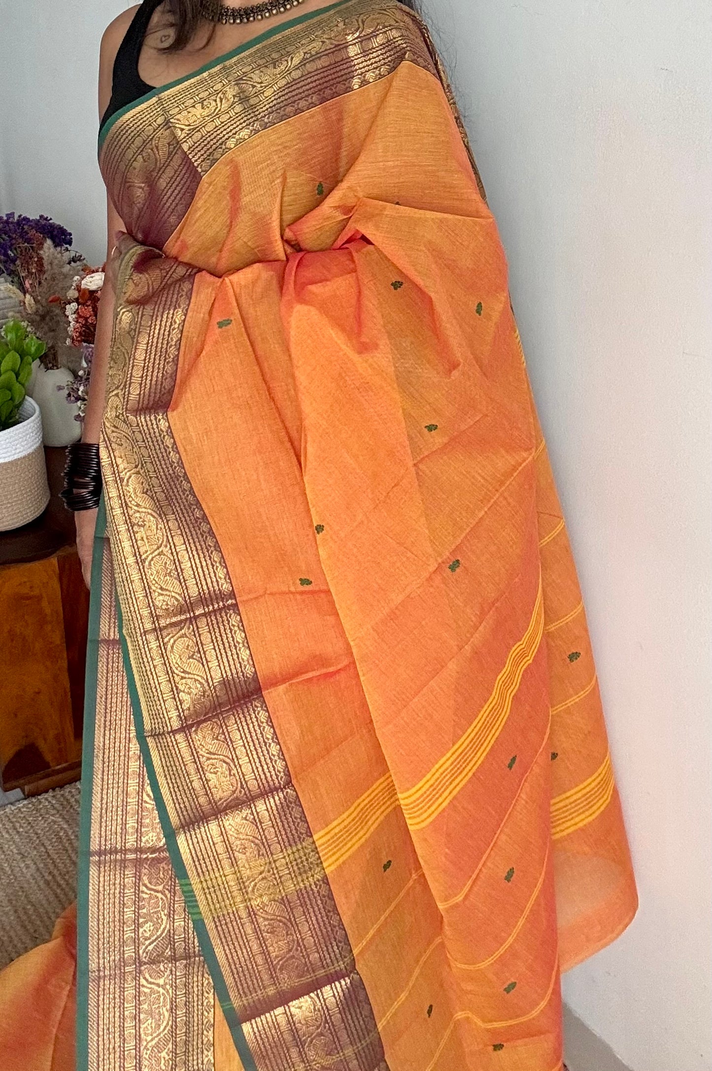 Kanchi cotton saree, light orange with green zari border - YCCOTNAP80