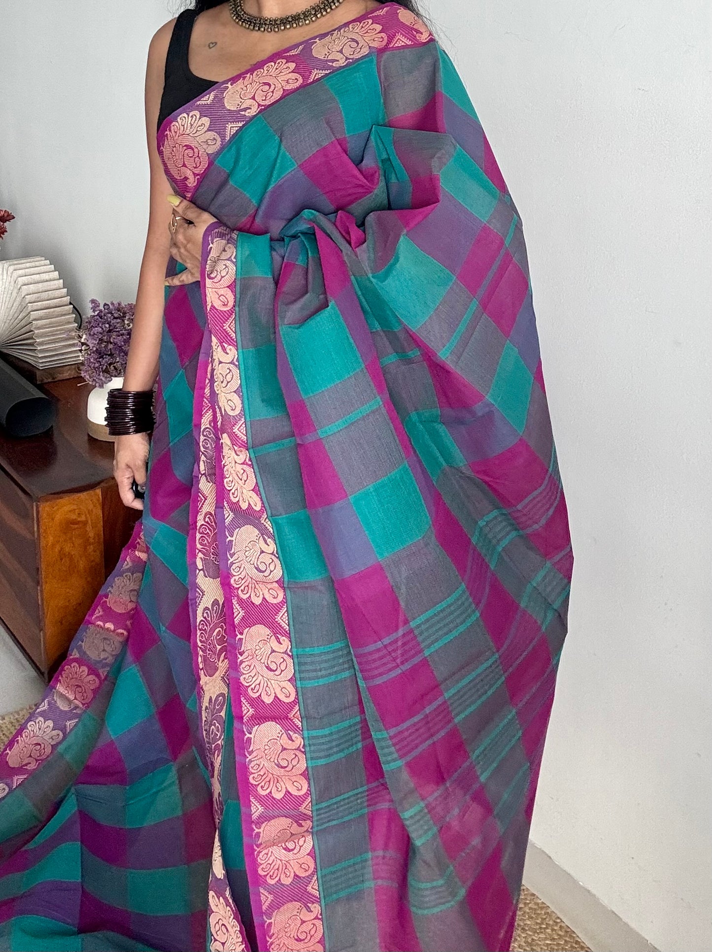 Chettinad cotton saree with magenta and cyan checks, peacock motif border - YCCOTNJUCC03