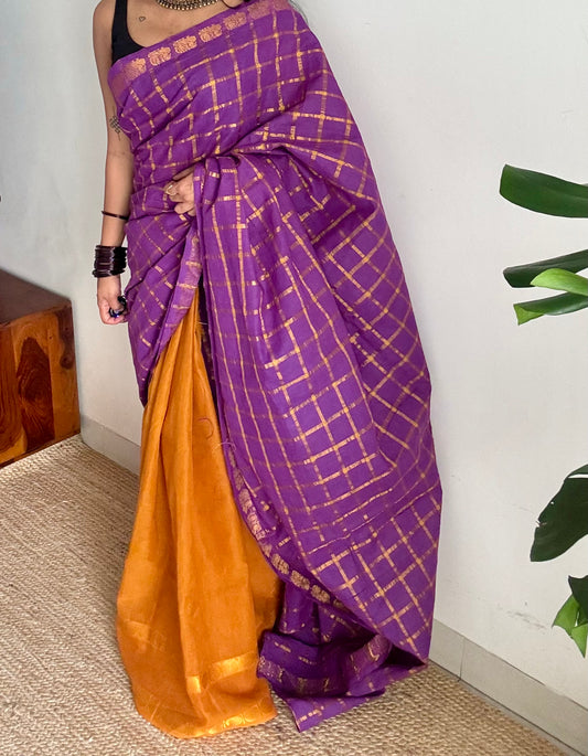 Purple with turmeric yellow, sungudi cotton half-half saree - YCCOTNIDOC14