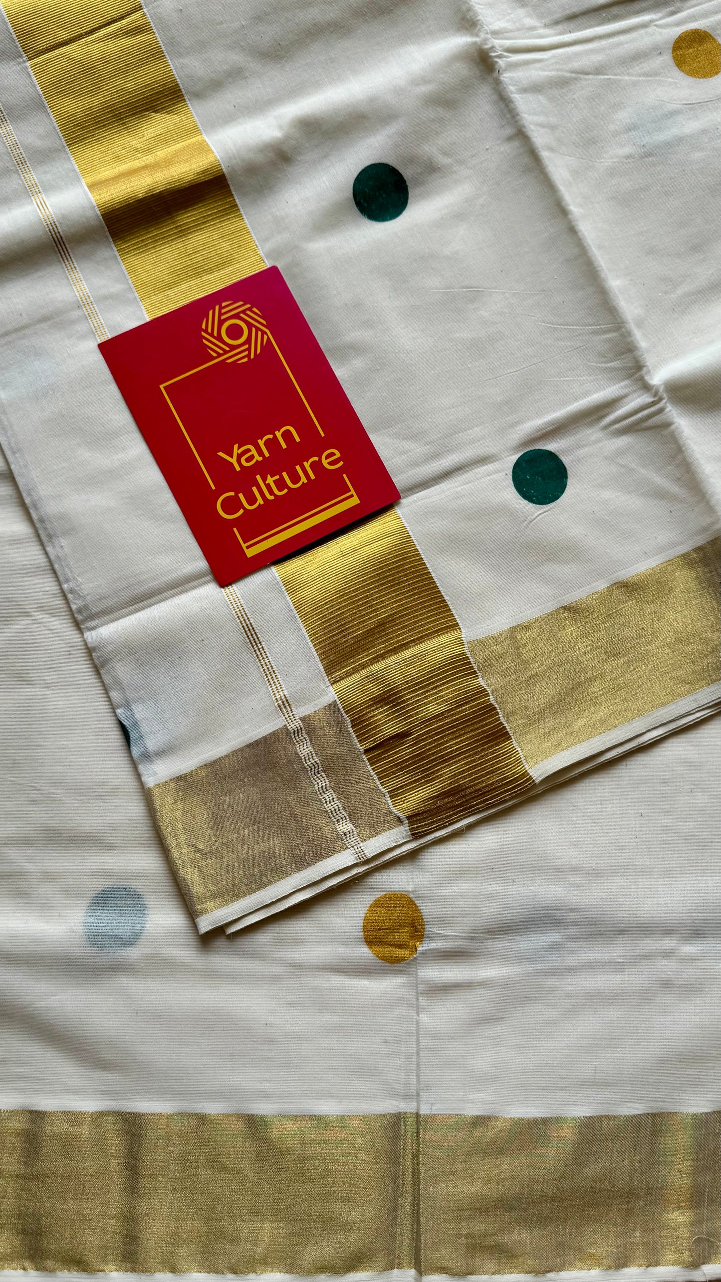 Ivory and gold soft cotton kasavu saree, dark green and yellow polka - YCIEON71