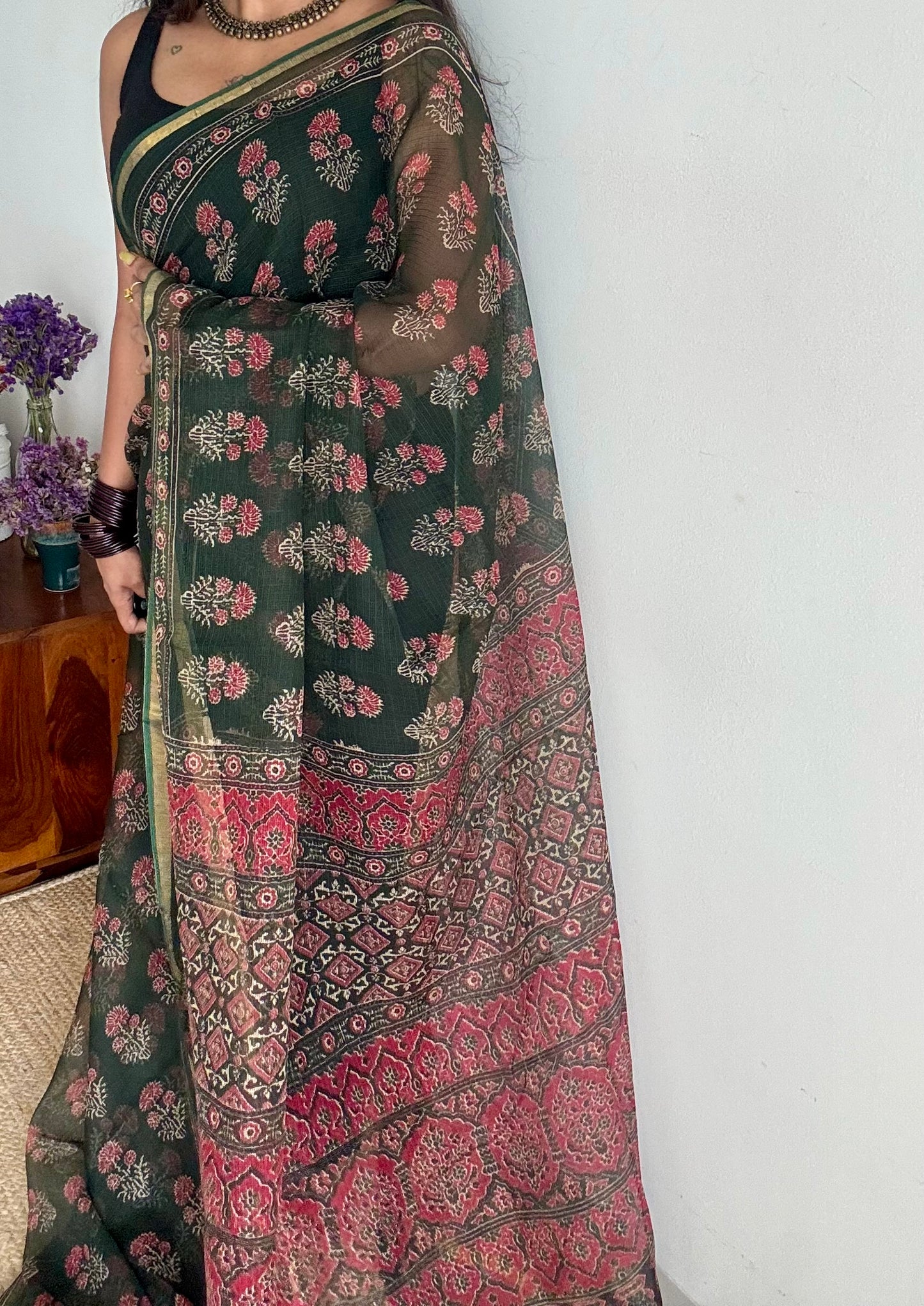Mirchi Mix - dark green with red floral kota doria saree, with gold zari border - YCTORKDJU28