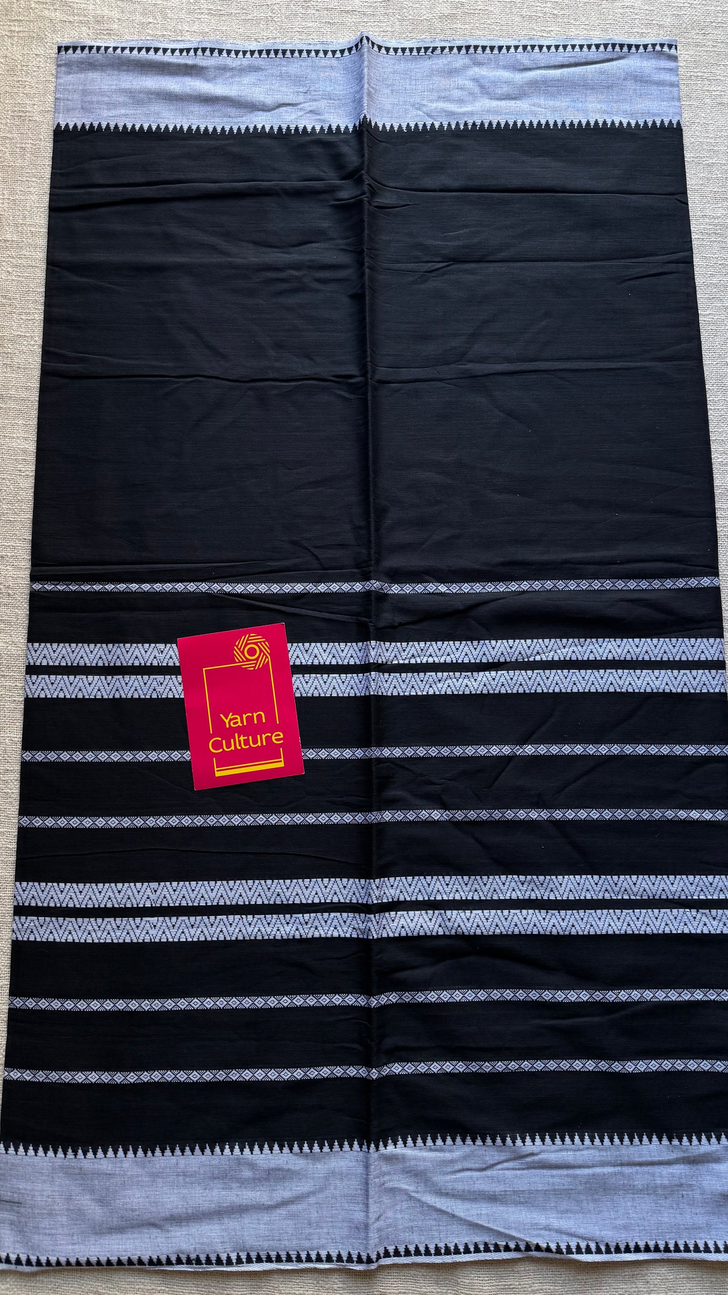 Dhonekhali handloom soft cotton saree, black with white woven threadwork and border - YCBCDFE267