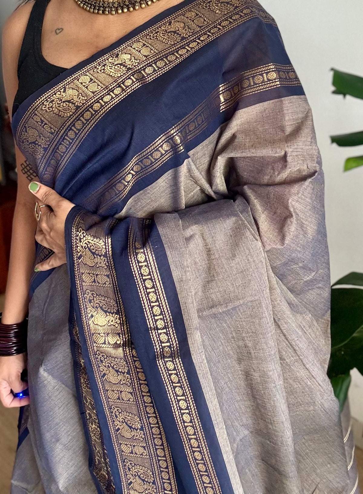 Grey with dark blue gap zari border, kanchi cotton saree - YCCOTNCCOC116