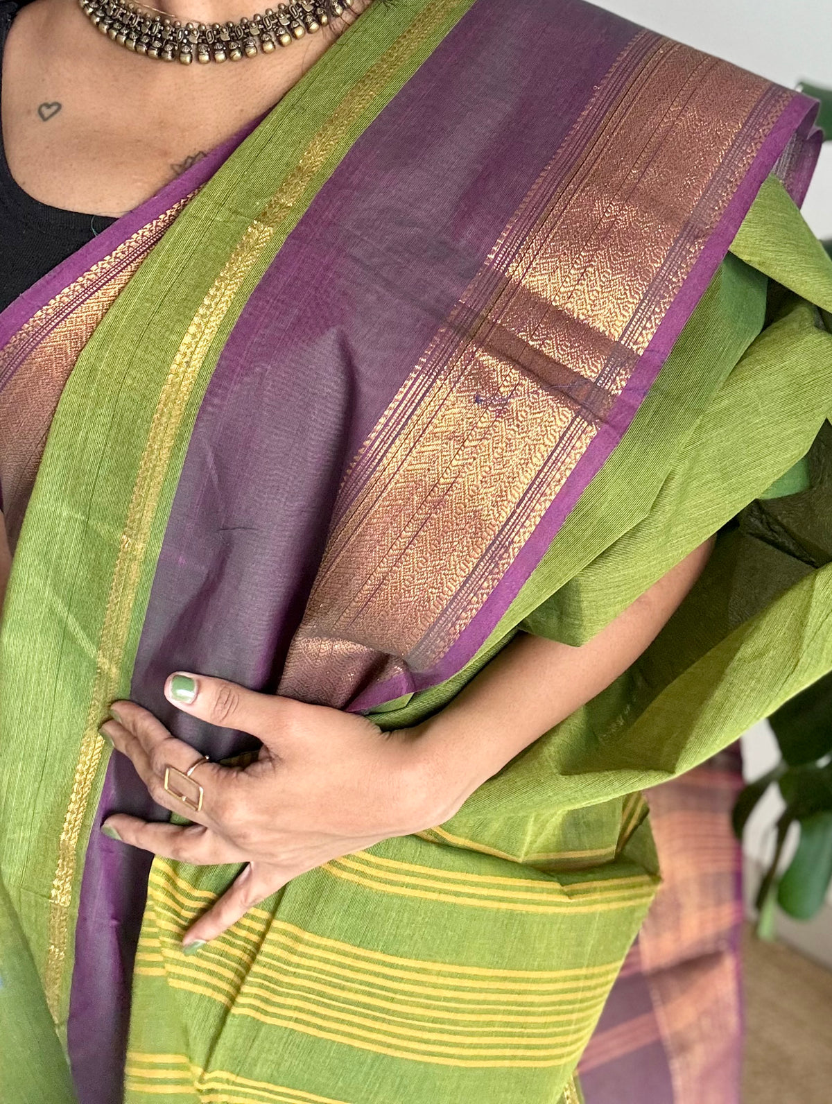 Green with wine gap zari border, kanchi cotton saree - YCCOTNCCOC113
