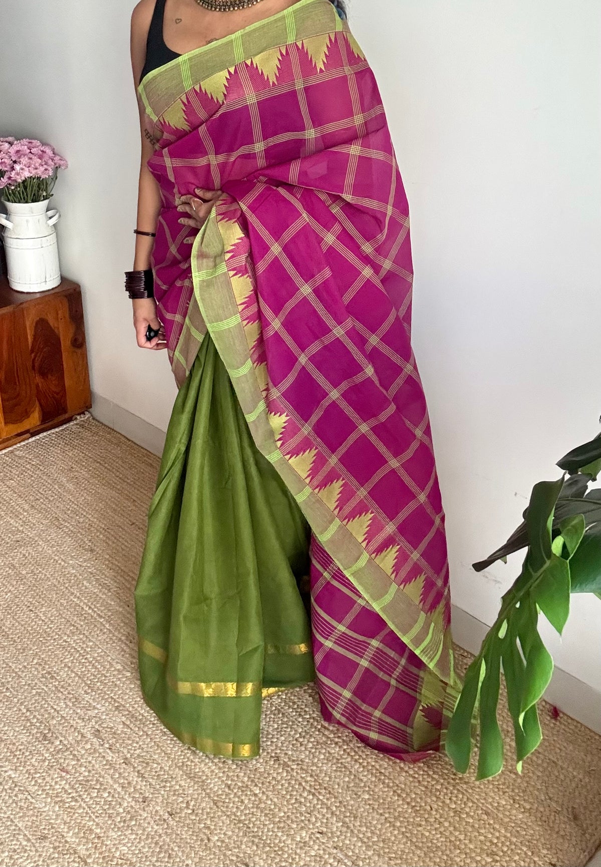 Multicoloured checks with green, sungudi and chettinad cotton half and half saree - YCCOTNIDOC149