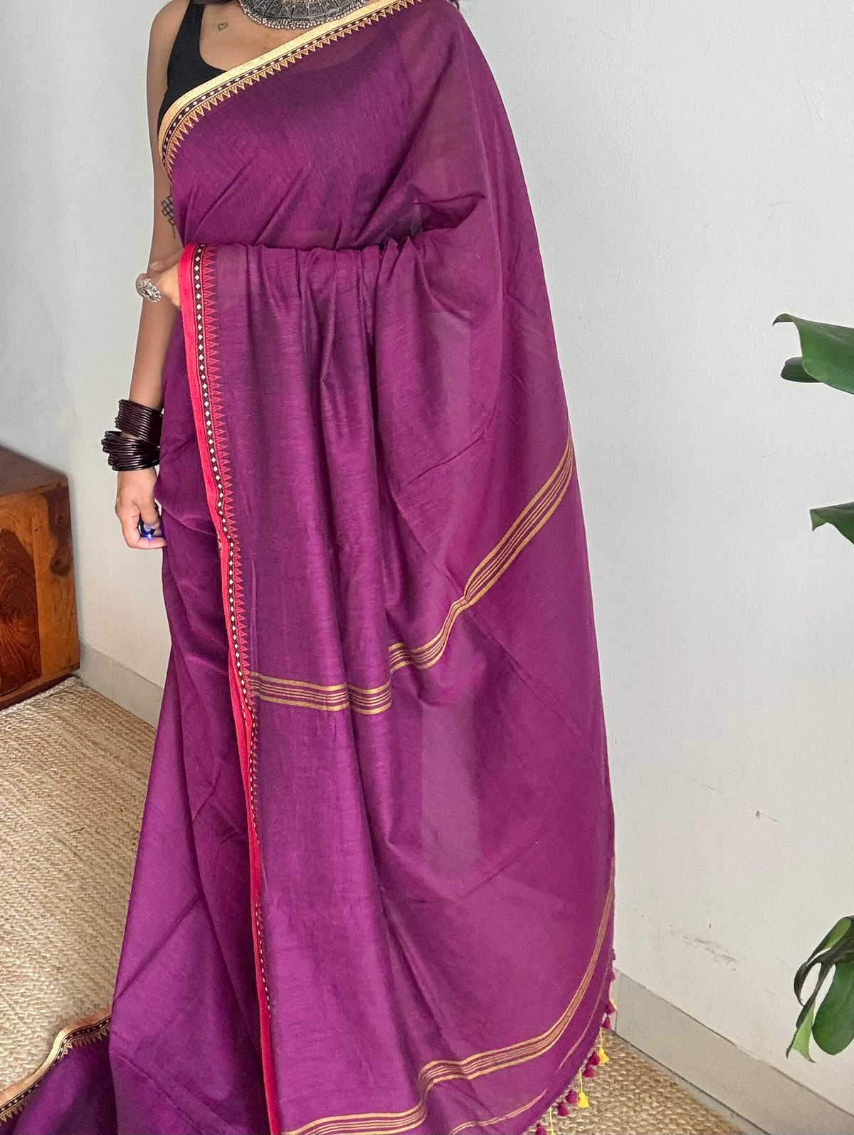 Handloom Bengal soft cotton saree, purple pink with cream and red woven dual tone borders - YCBCMCSE40