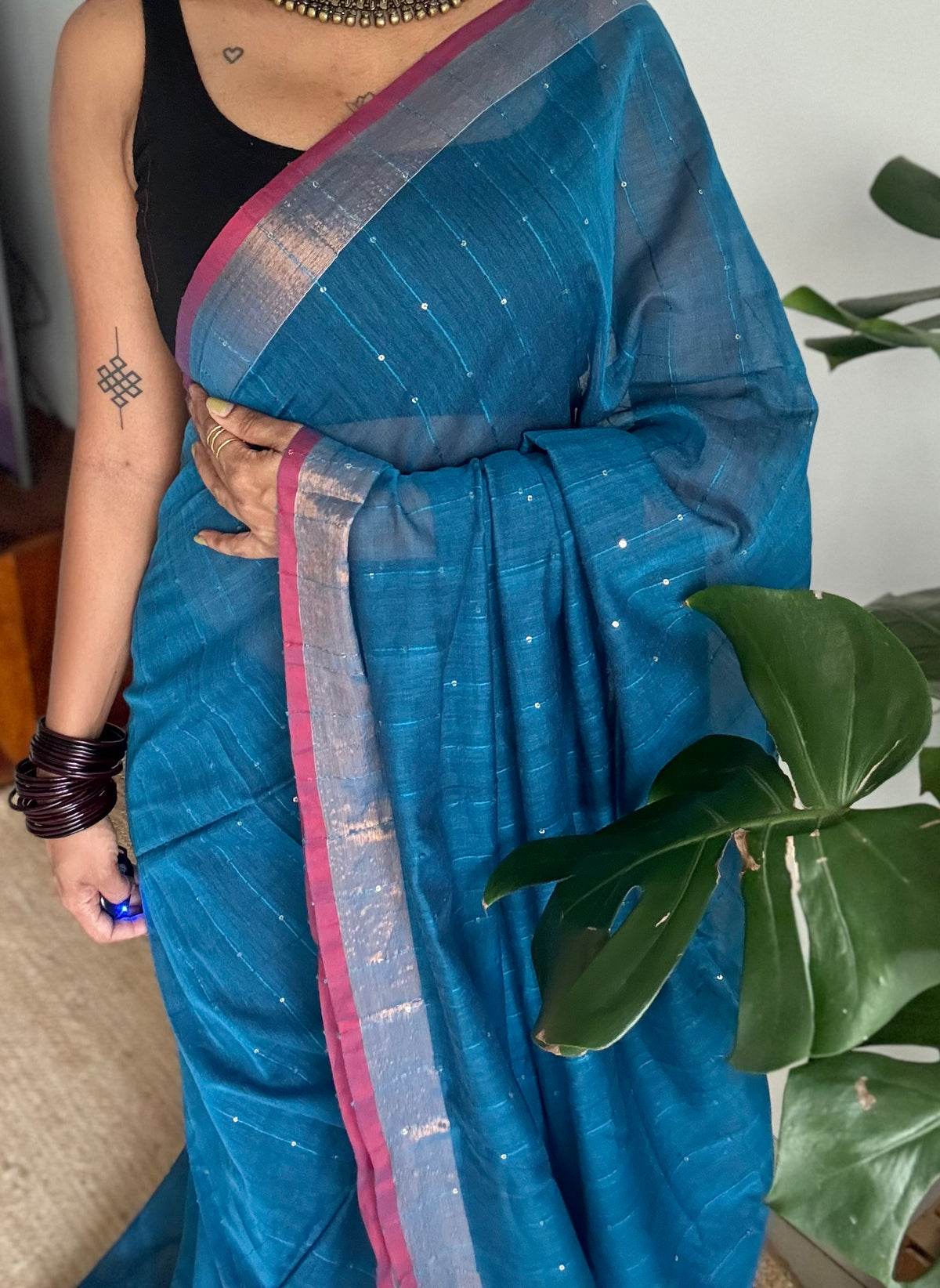 Peacock blue mul cotton saree with sequins and zari border - YCBCMCSE31