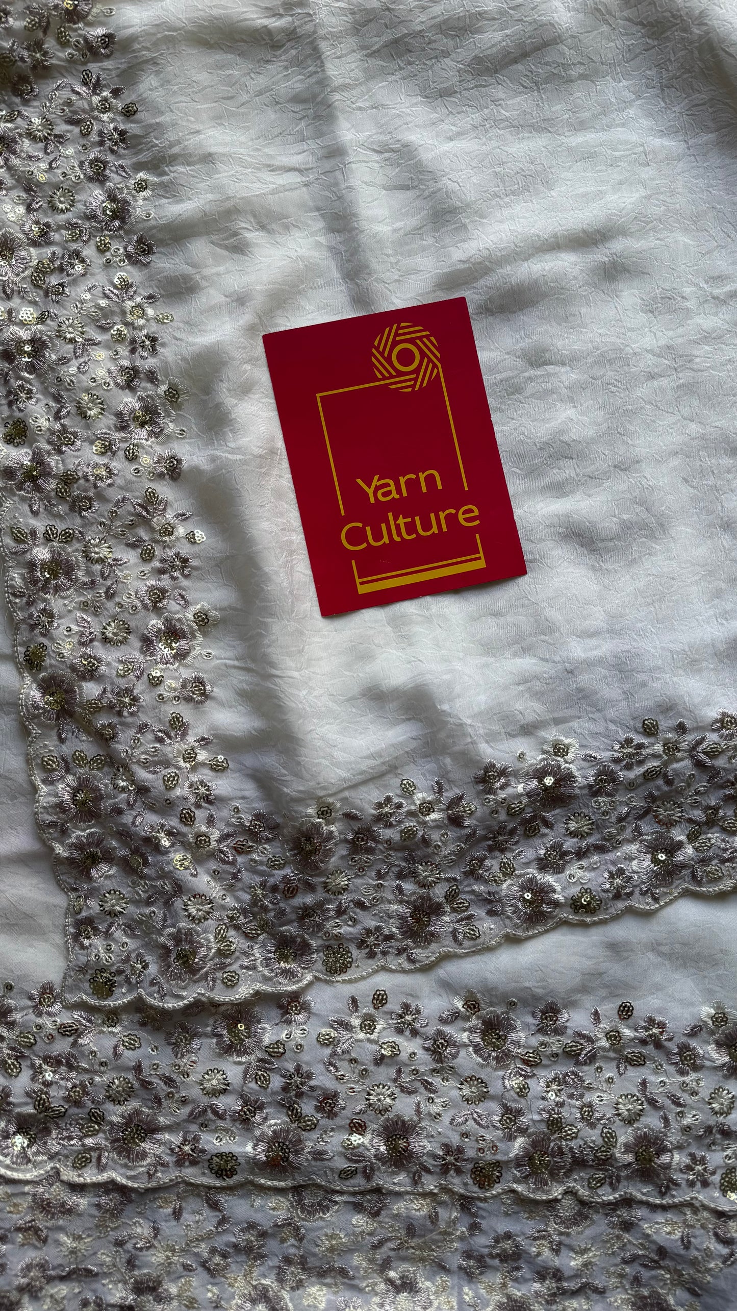 White Whimsy - white with floral sequins embroidered borders, semi-crepe- YCDOSNO48