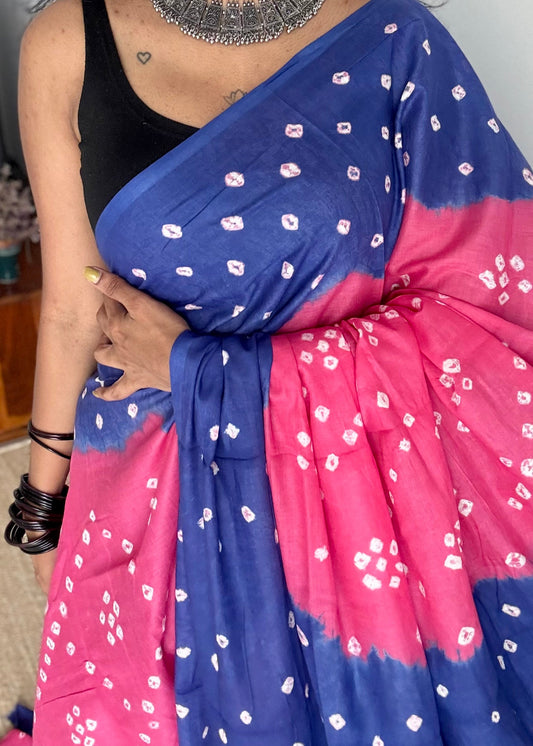 Peach pink with blue Sungudi/Bandhani, soft cotton - YCCOTNSEMS75