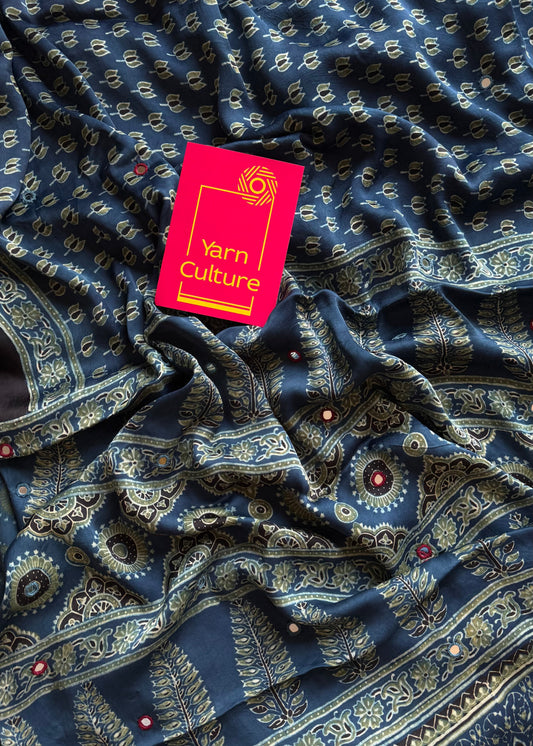Indigo pure modal silk saree with ajrakh handblock print and mirror work - YCTOKAJM339