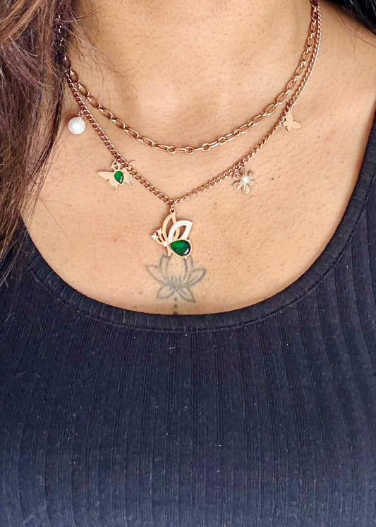 Rose gold plated, doube layered chain with charms - YCGPC255