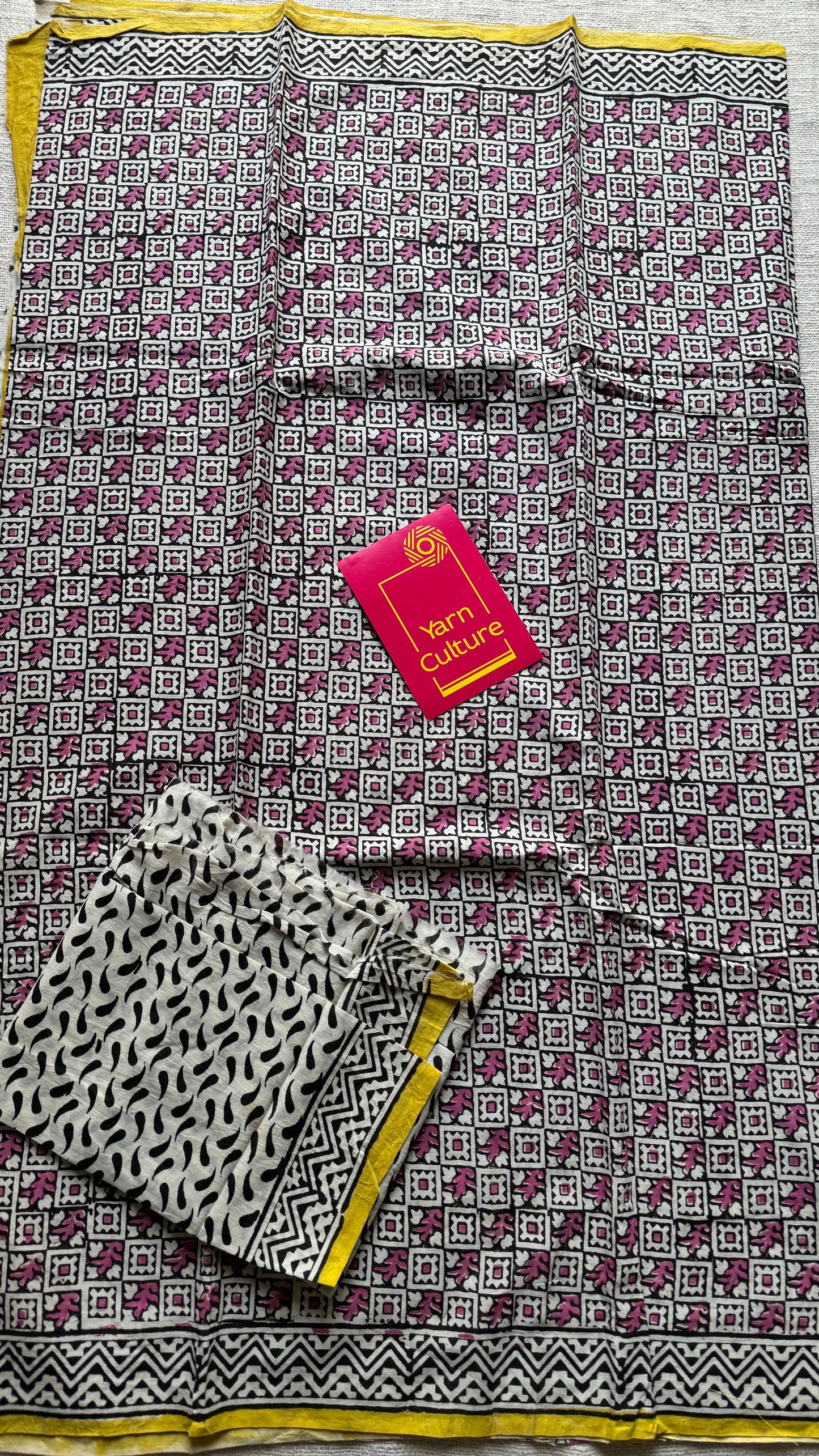 Beige with black and dusty pink checks, yellow border, block printed soft cotton saree - YCTORCMA13