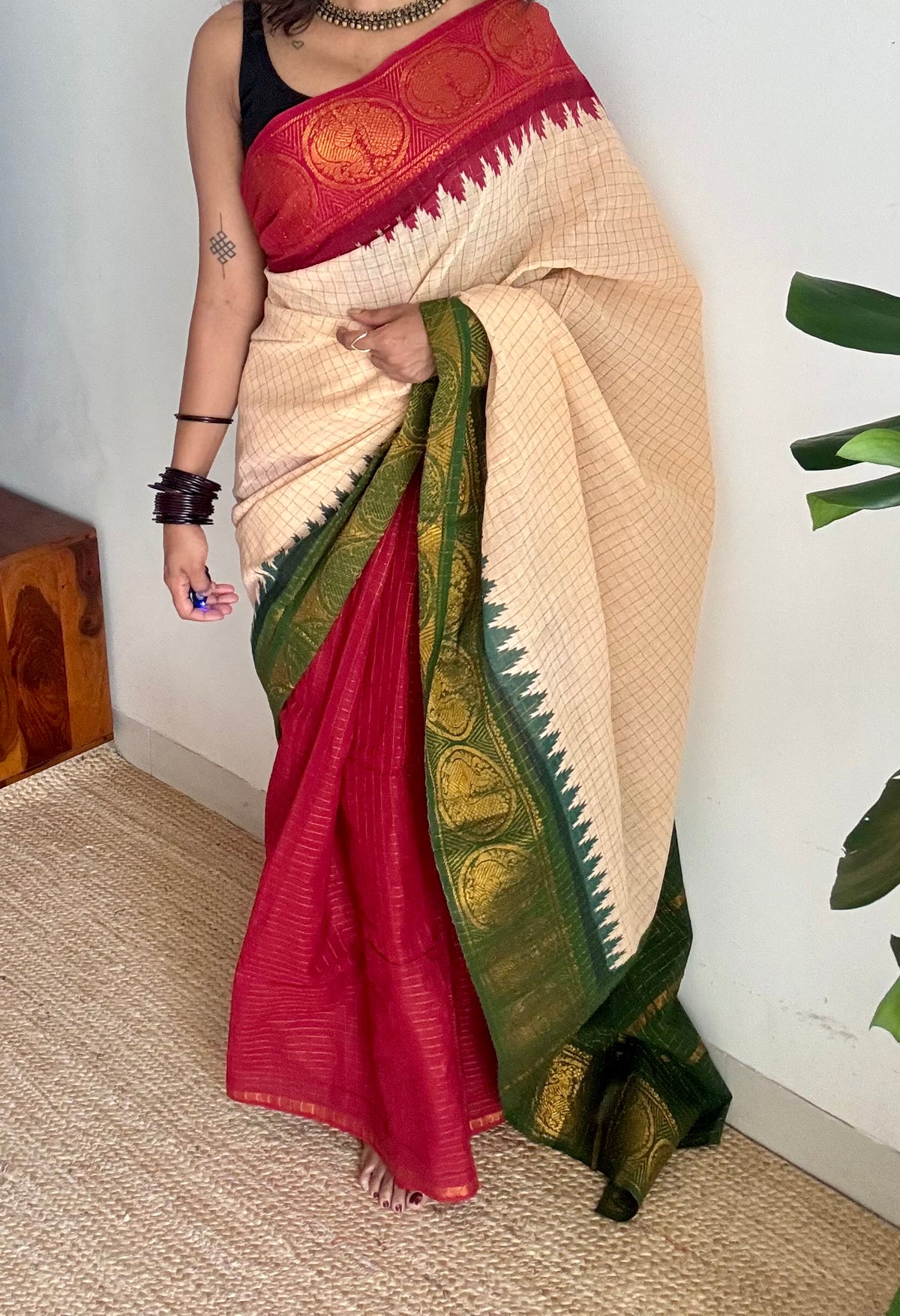 Cream with red and green, sungudi cotton half-half saree - YCCOTNIDOC11