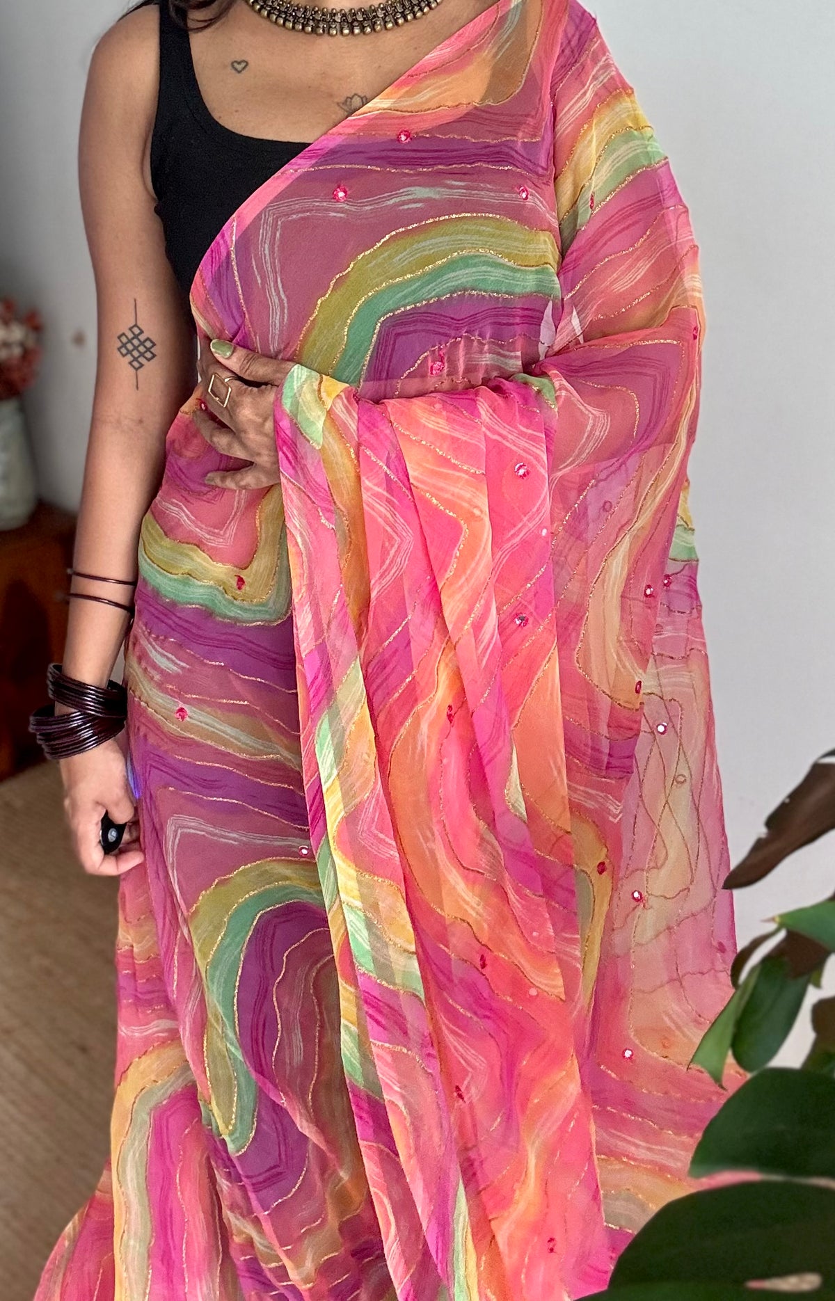 Pink multicoloured leheriya chiffon saree with mirror work  - YCTORLOC98
